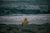 A person in a yellow jacket sitting on a beach