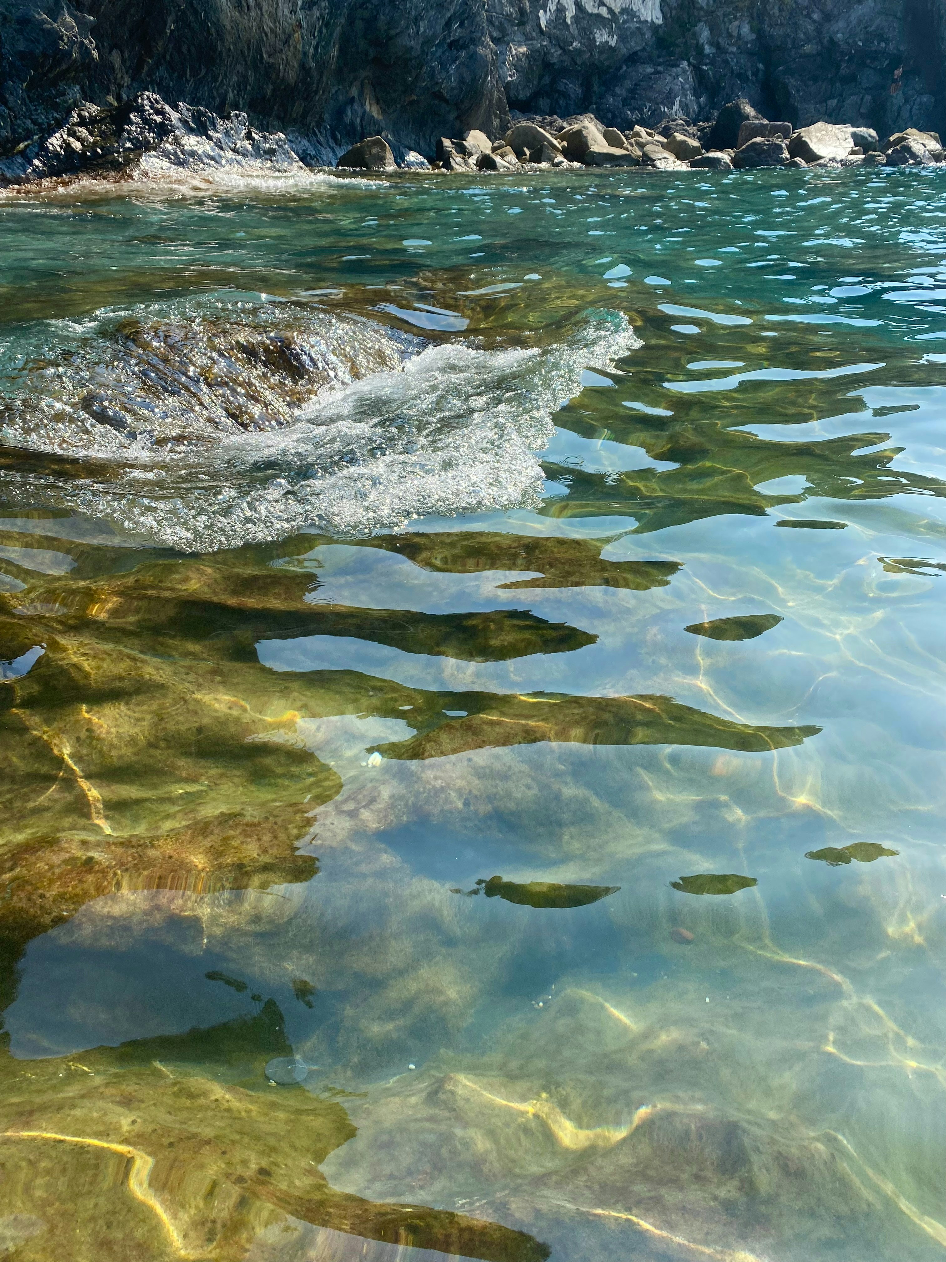 A body of water with rocks in the background
