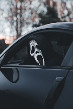 A black car with a white mask sticking out of it's window