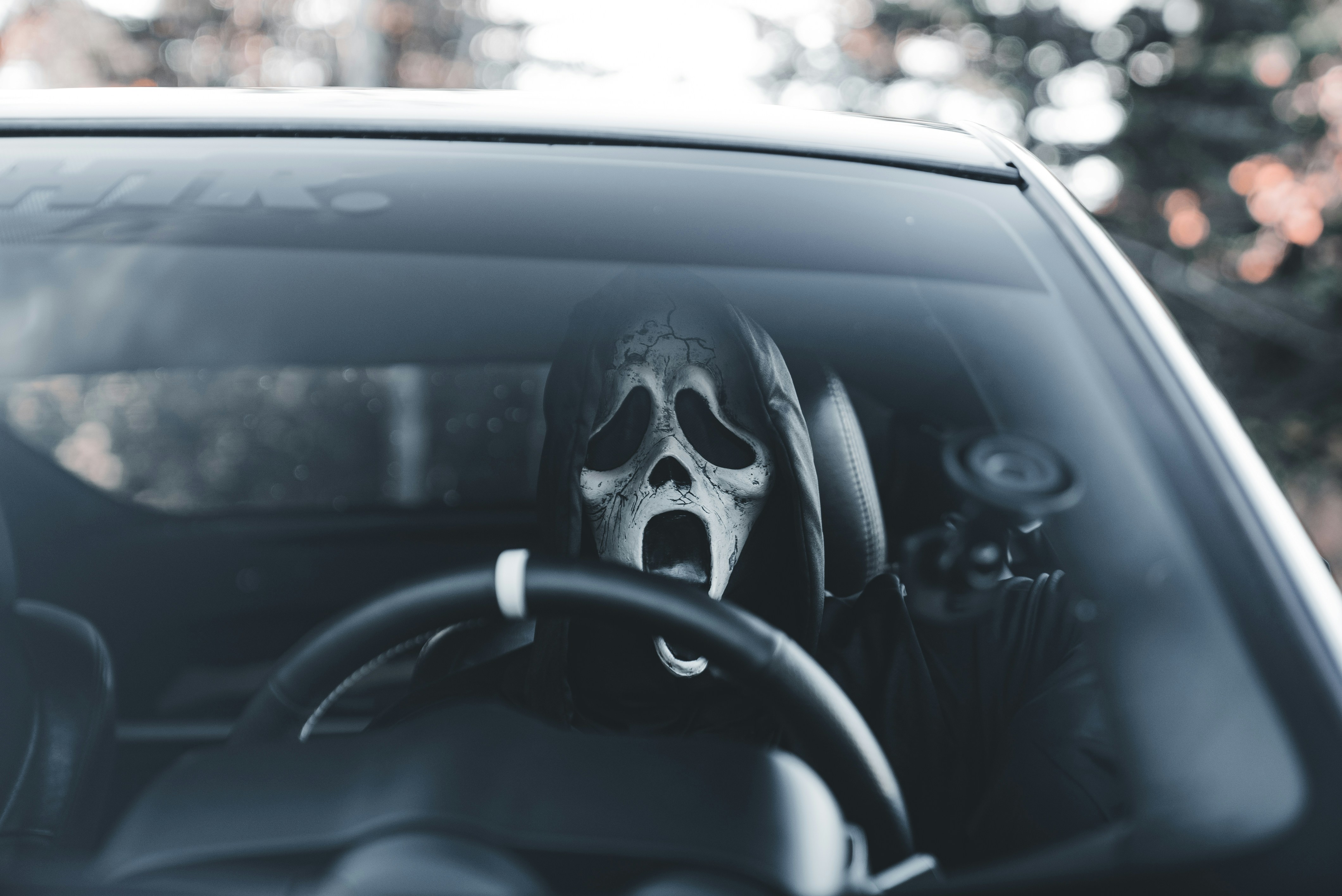 Car with skull mask on steering wheel