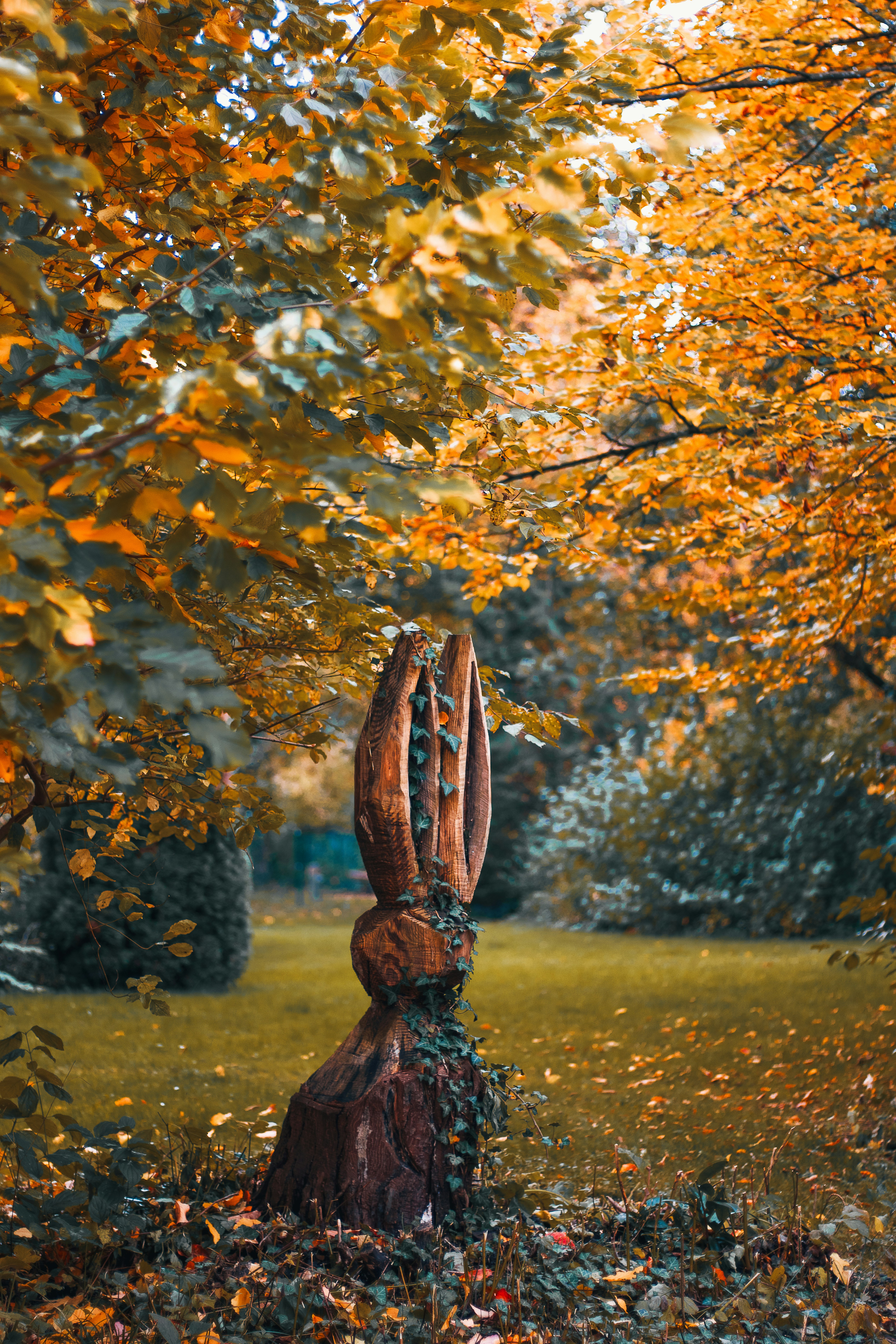 A statue in the middle of a field surrounded by trees