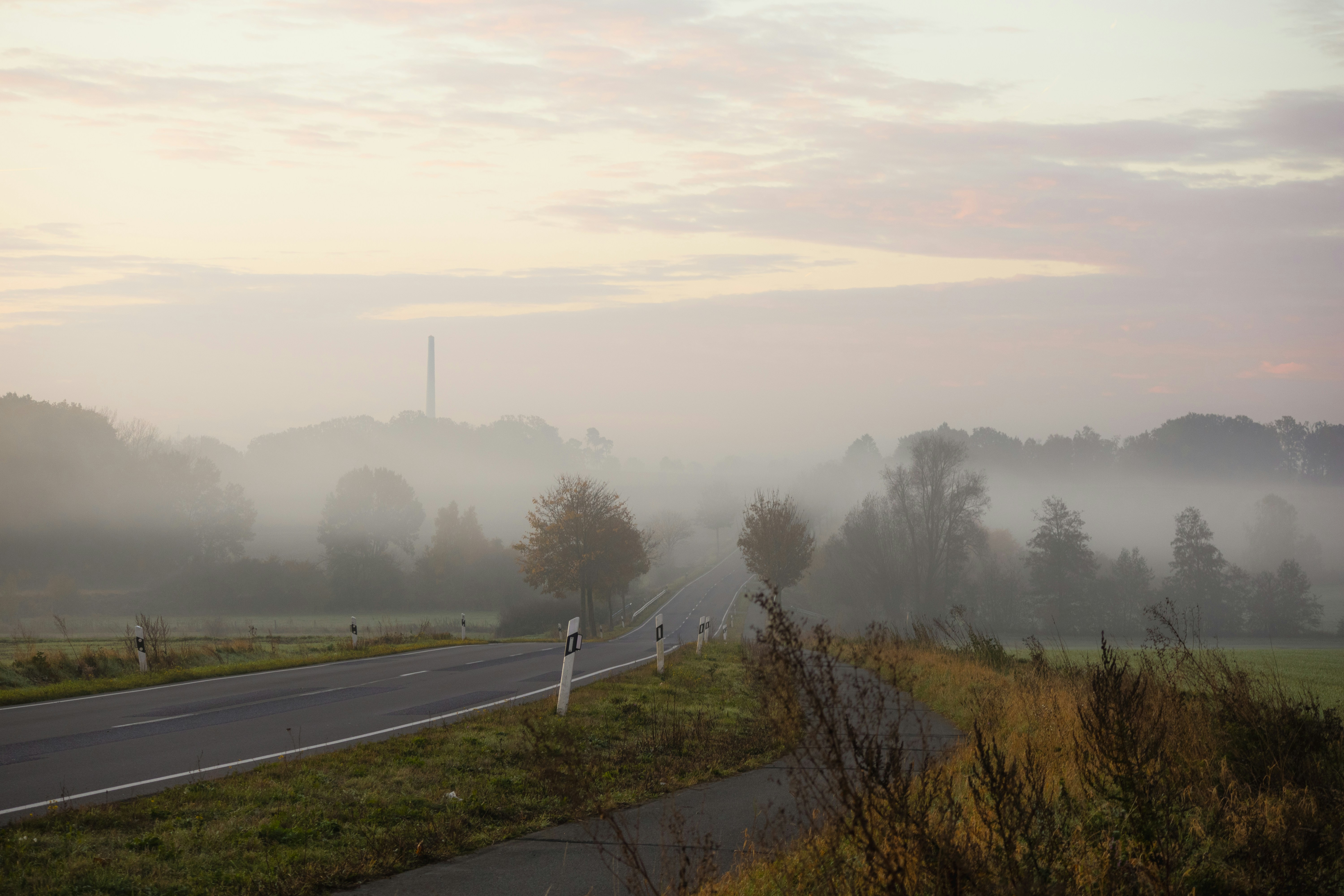 A foggy country road in the country side