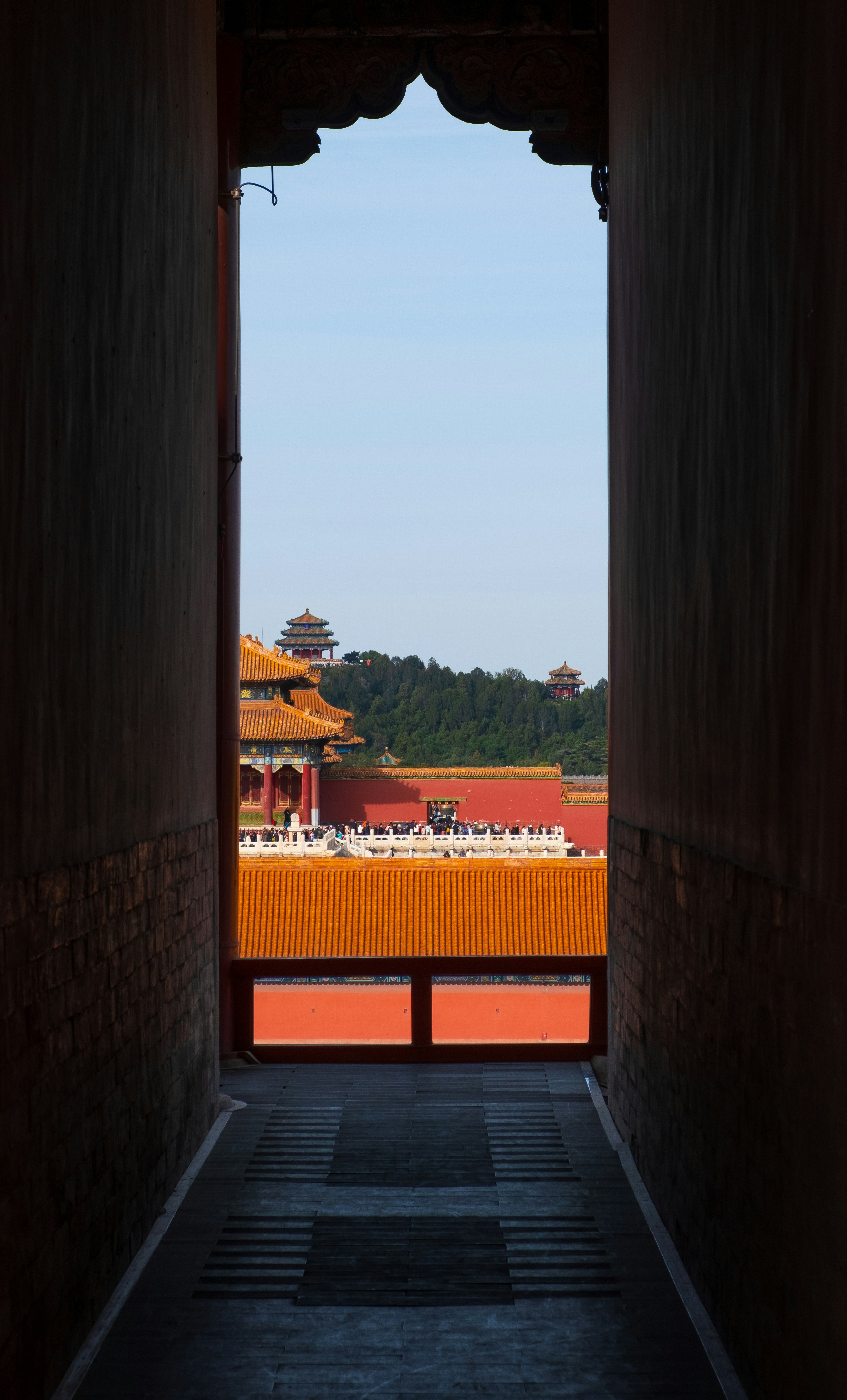 A view of a building through an archway