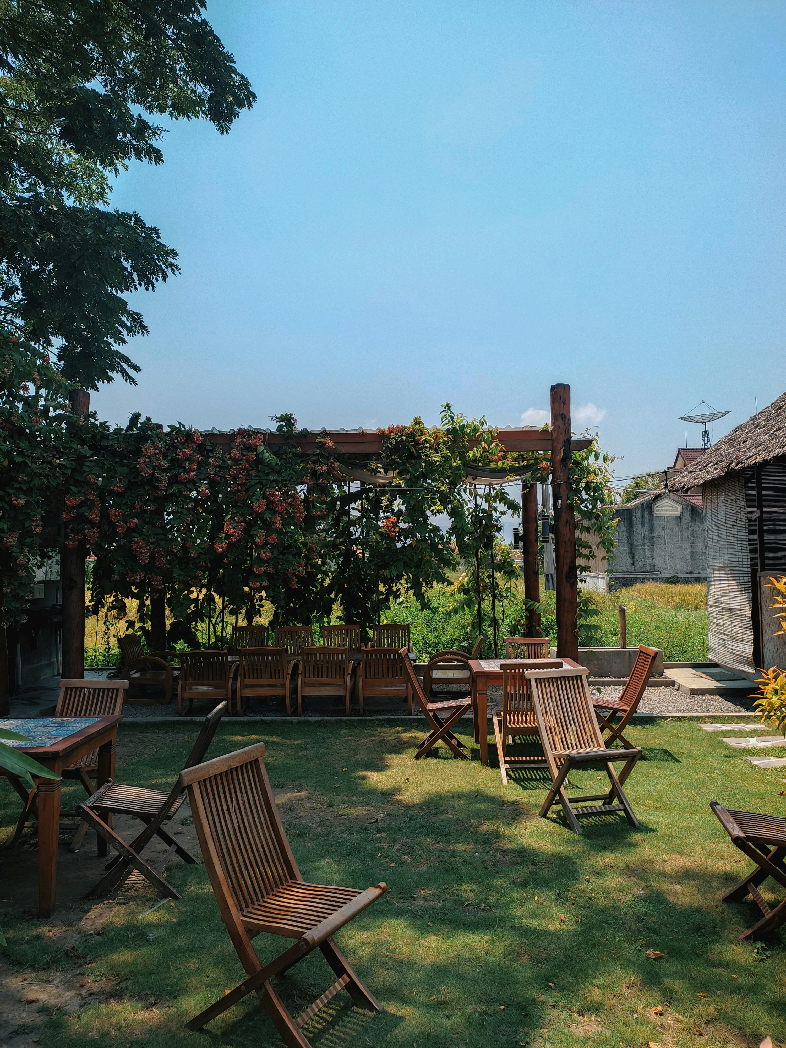 There are many chairs and tables in the yard