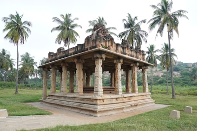 A stone structure in a grassy area with palm trees in the background