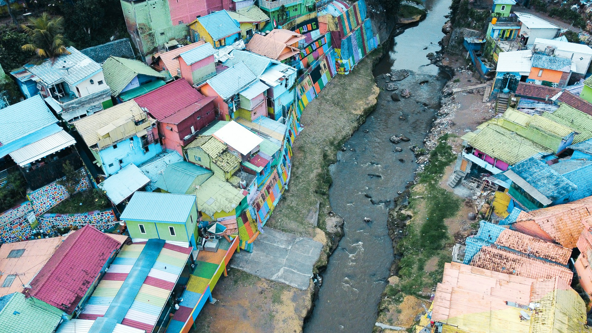 A bird's eye view of a colorful village