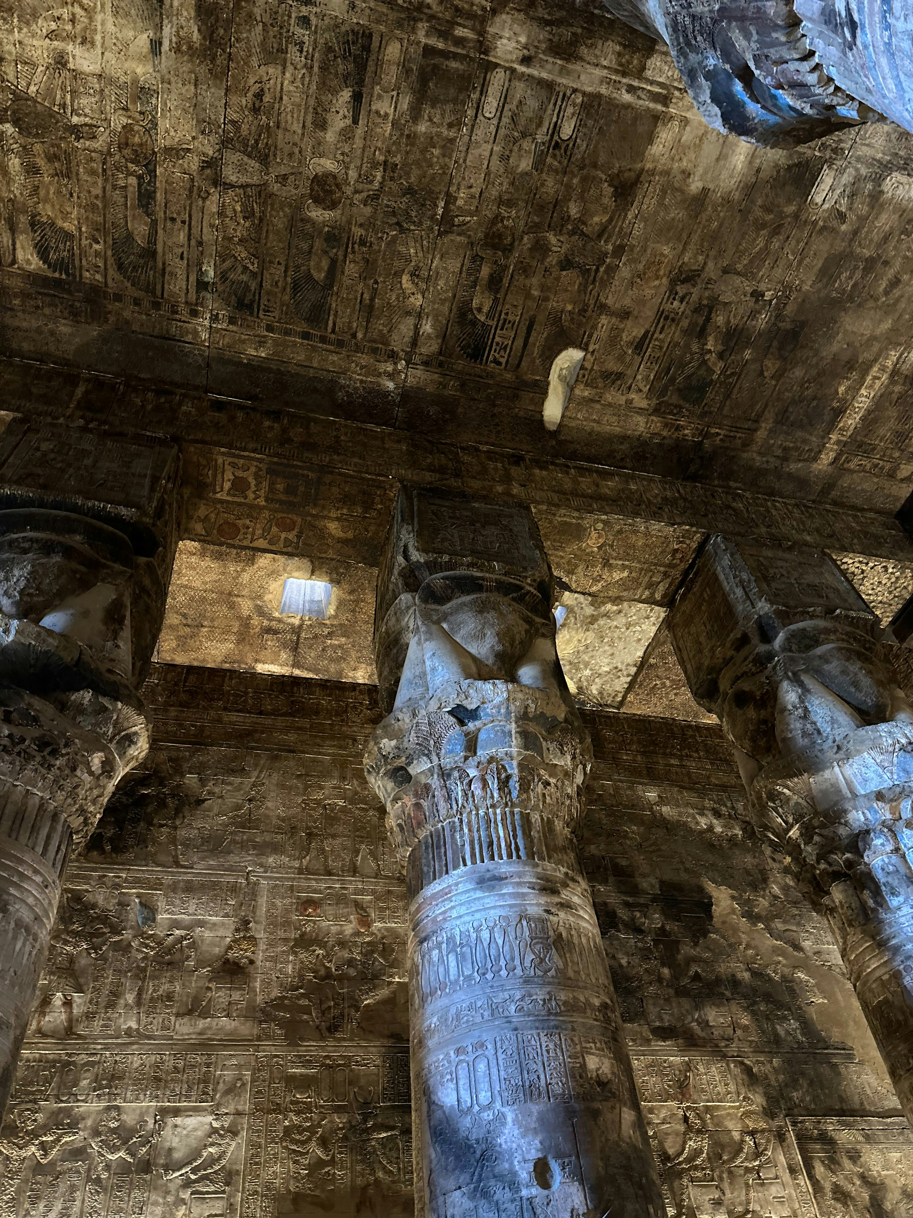 Immersive 360 degree view inside ancient Egyptian temple with hieroglyphic walls and golden light