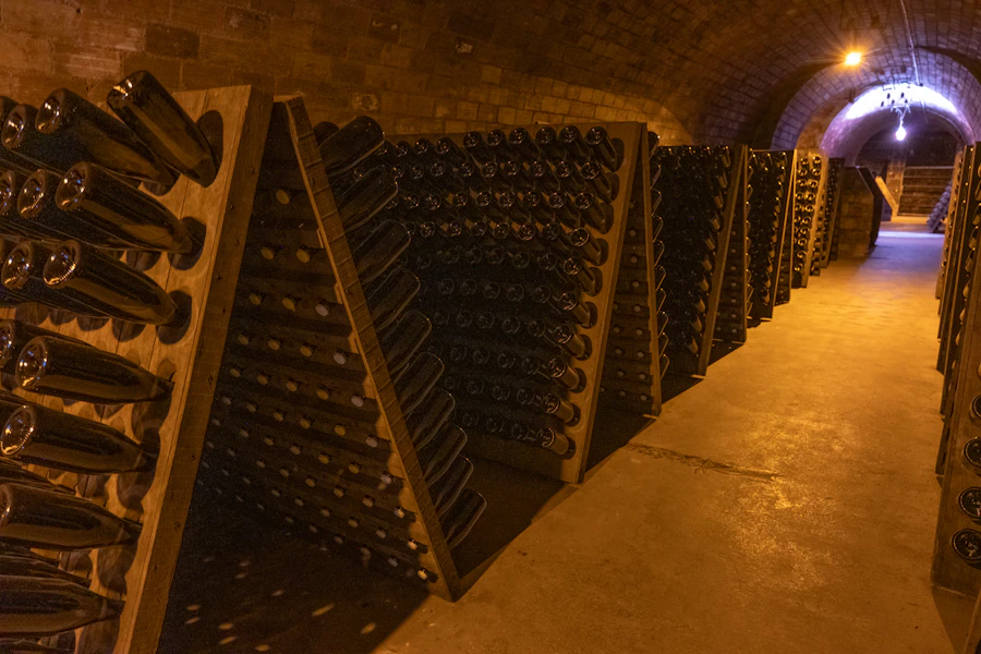 Bottles resting in a cellar tunnel