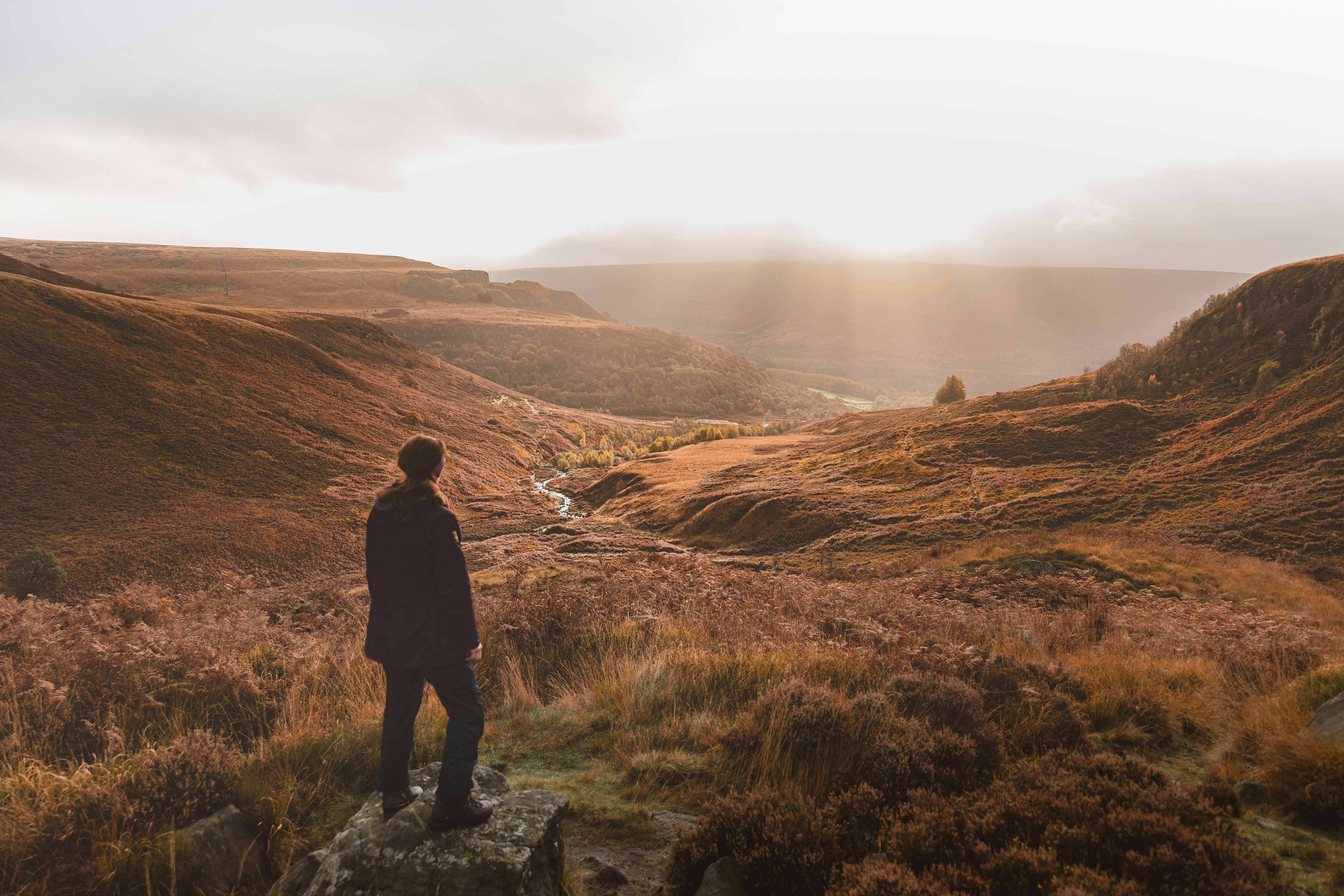 A man standing on top of a lush green hillside