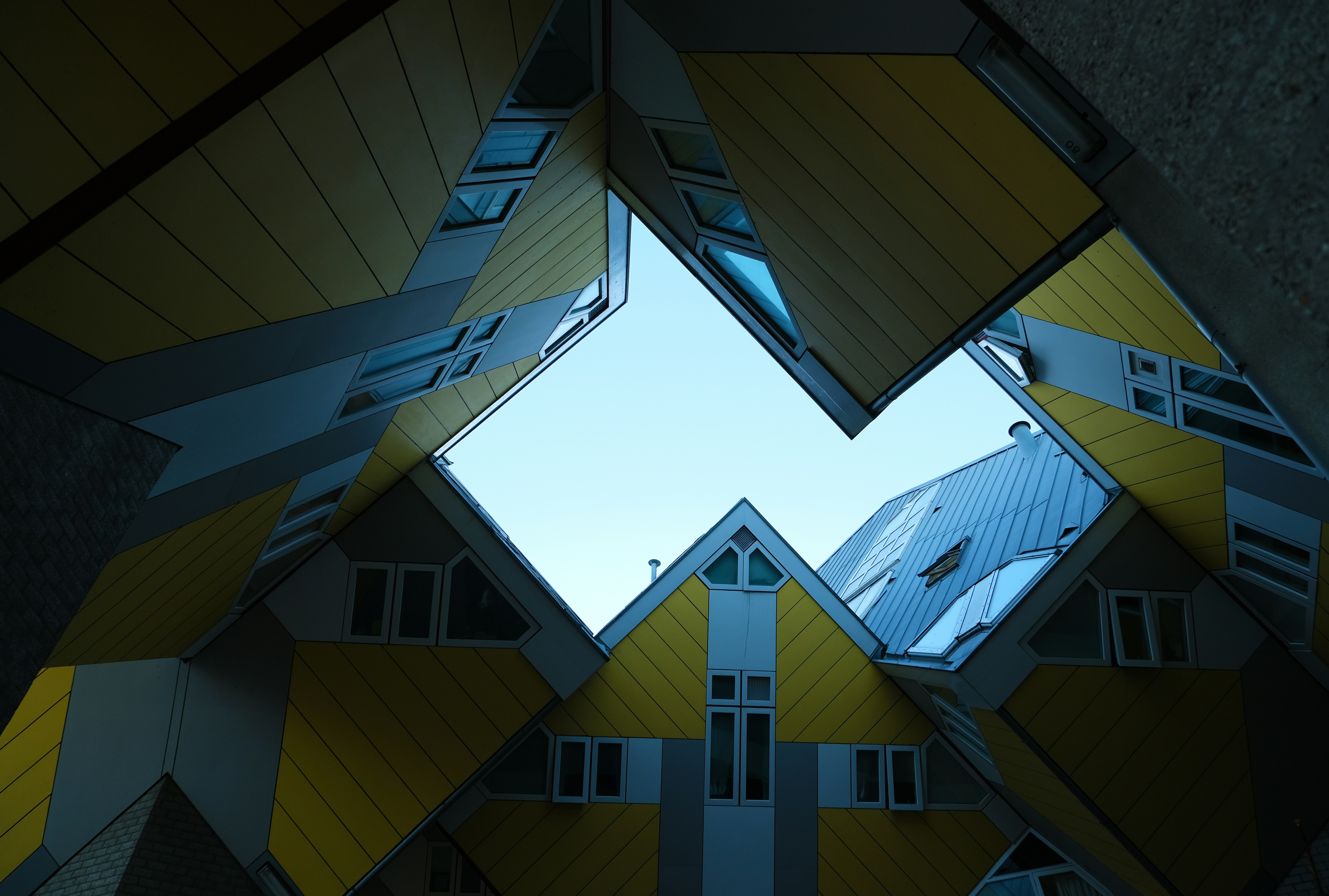 A view looking up at a building from the ground