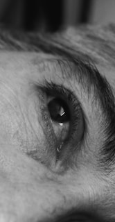 A black and white photo of a man's eye