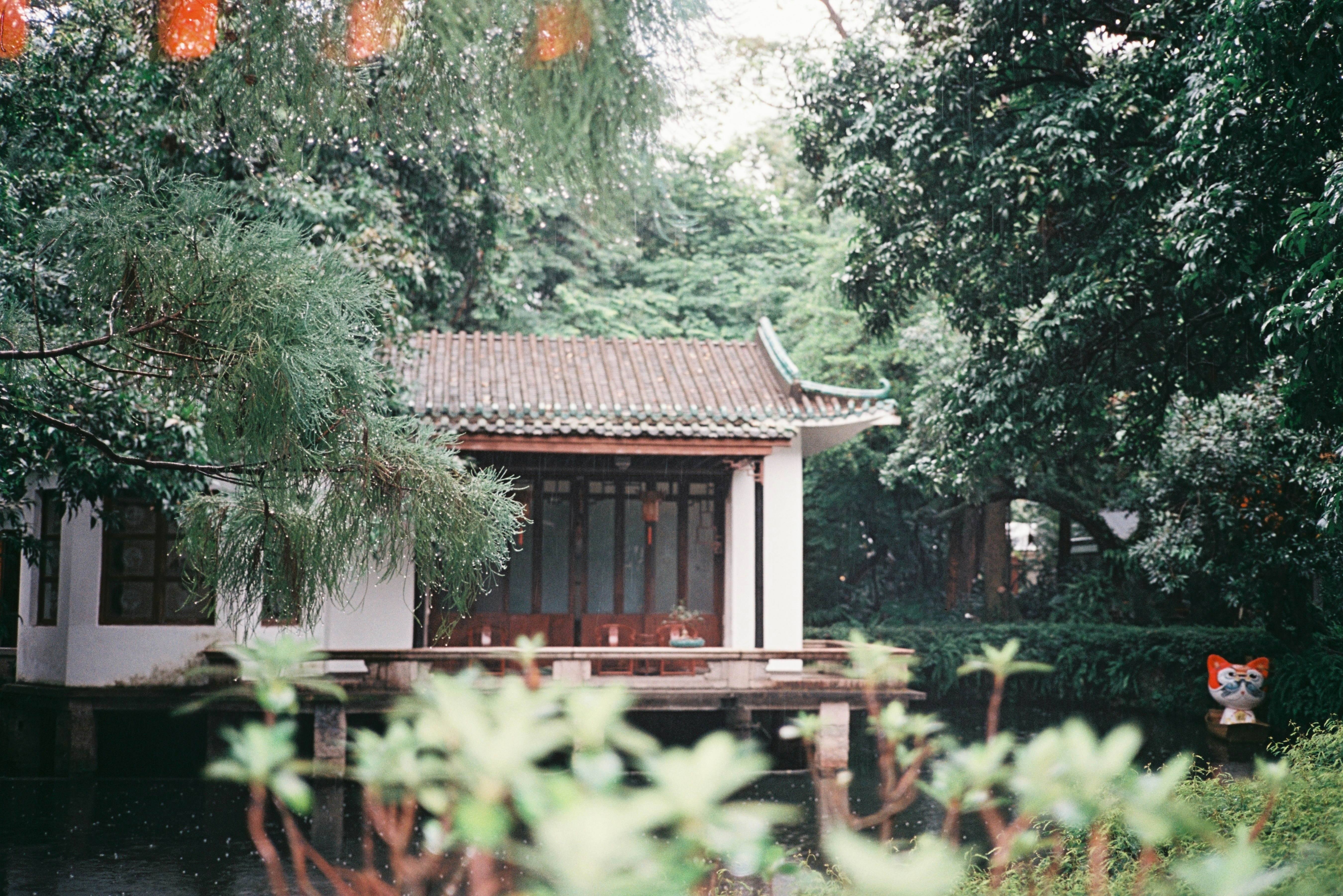 A small white building sitting in the middle of a forest