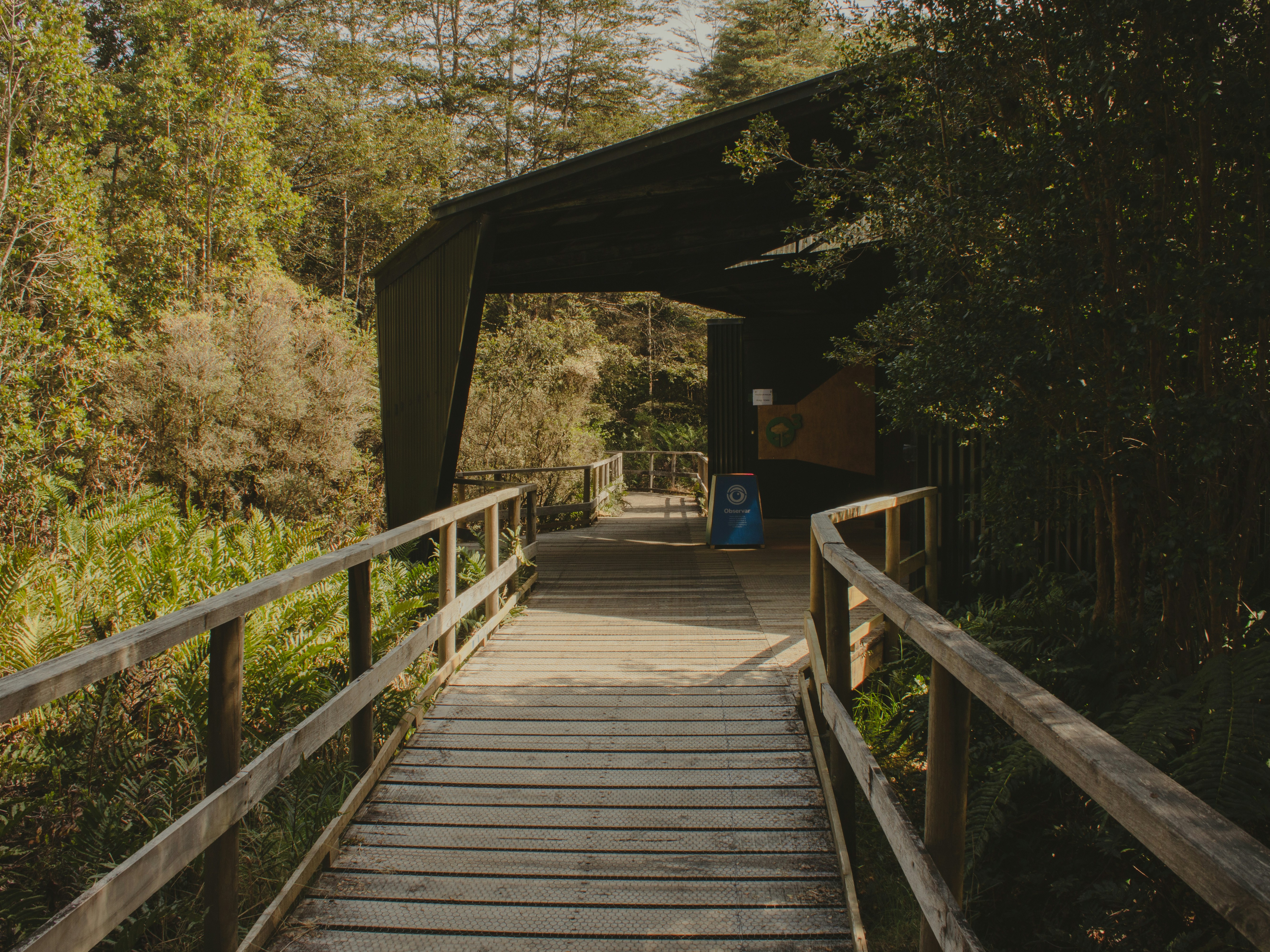 A wooden walkway leads to a covered walkway