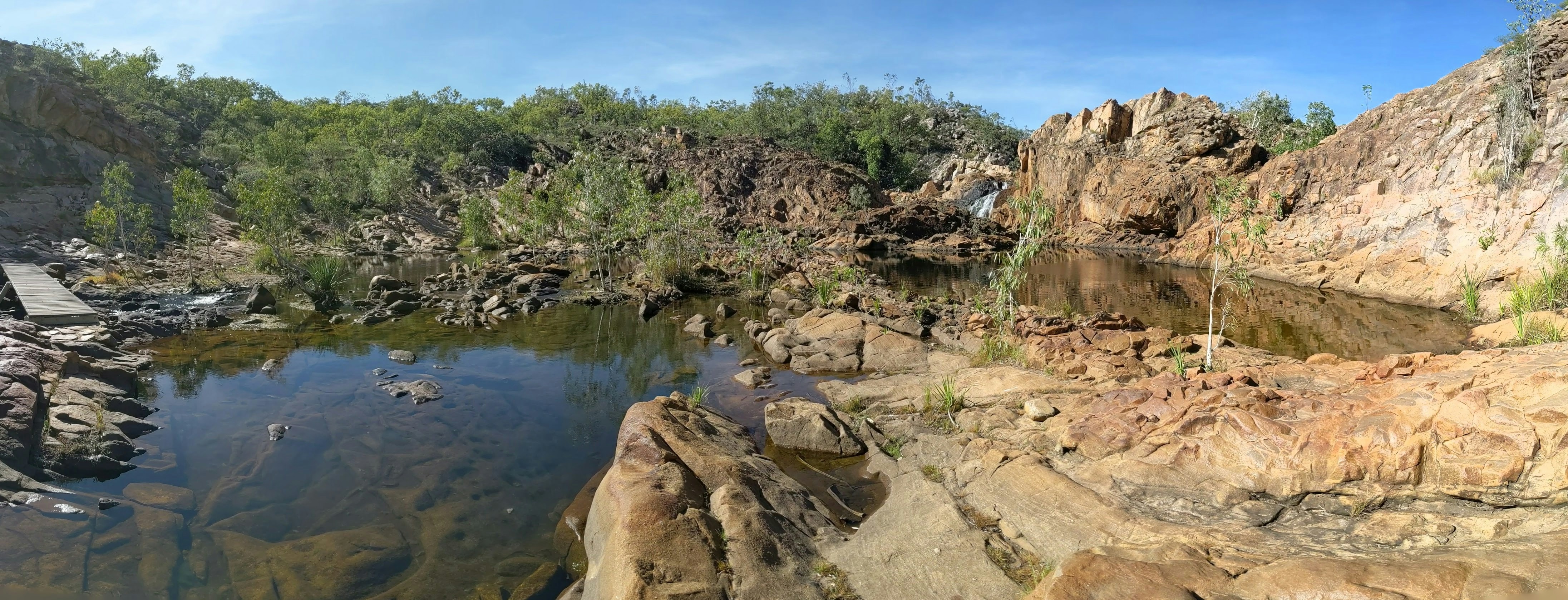 A large body of water surrounded by rocks and trees