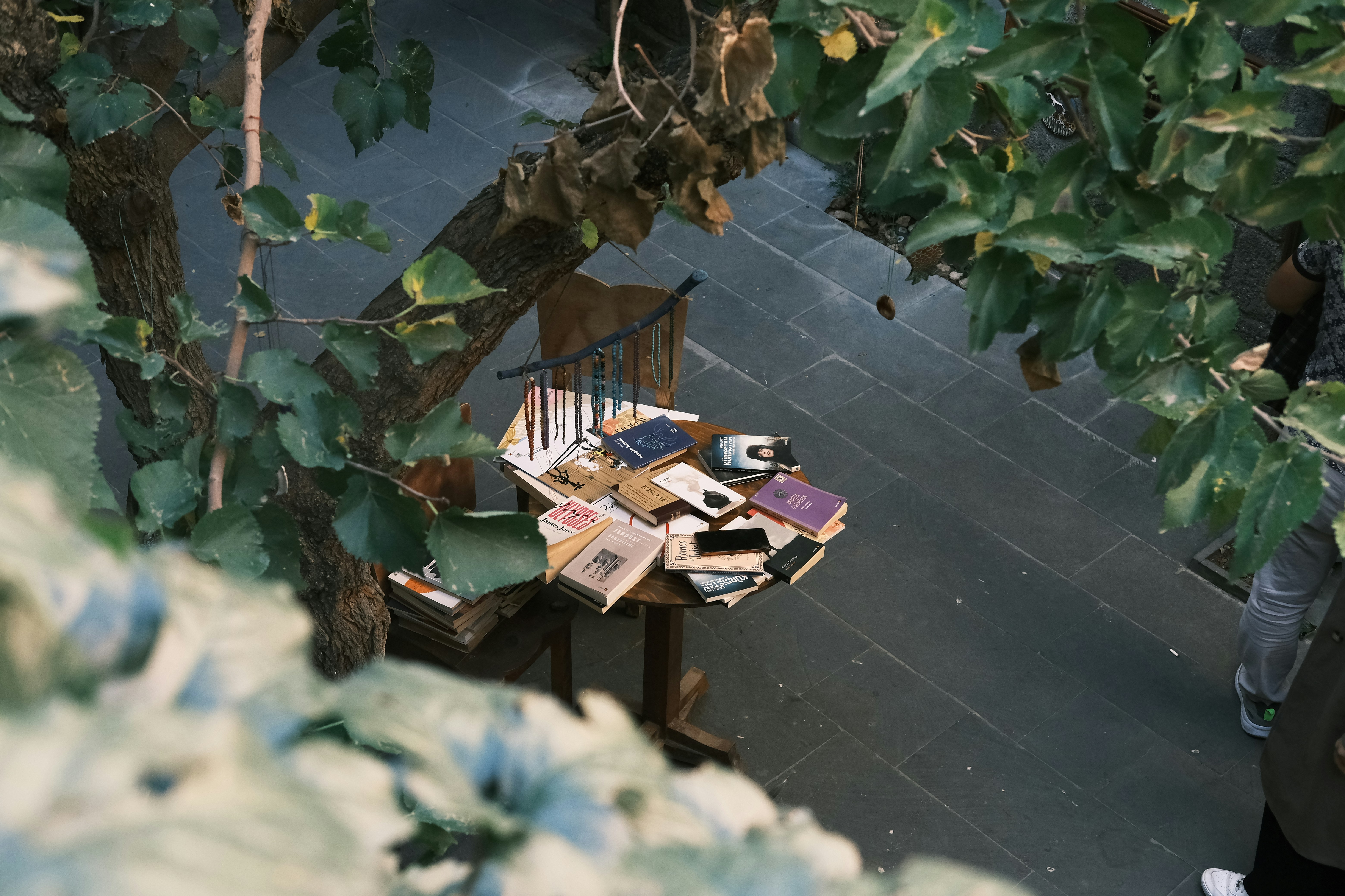 An aerial view of a table and chairs in a park