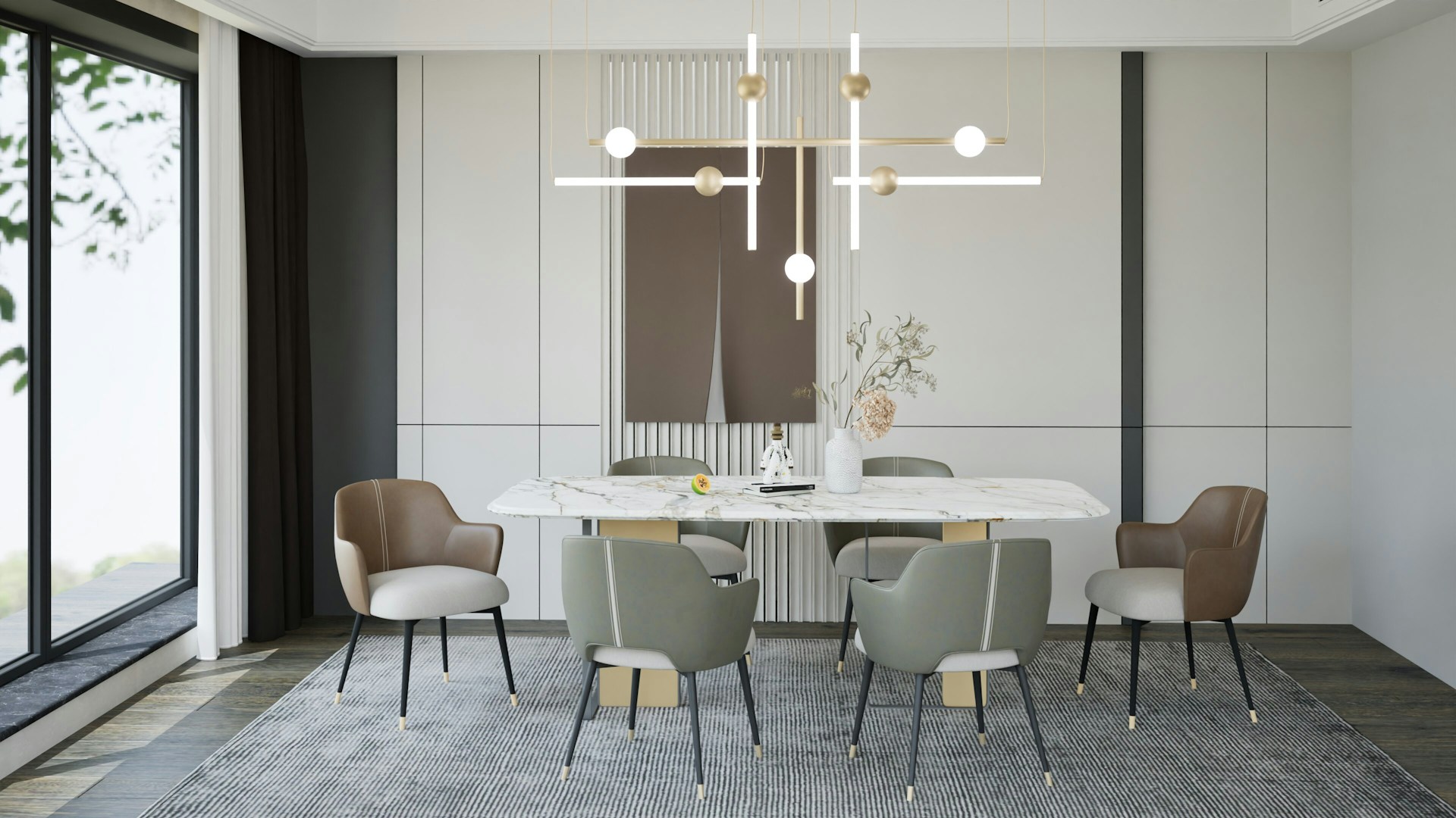 A dining room with a table, chairs and a chandelier