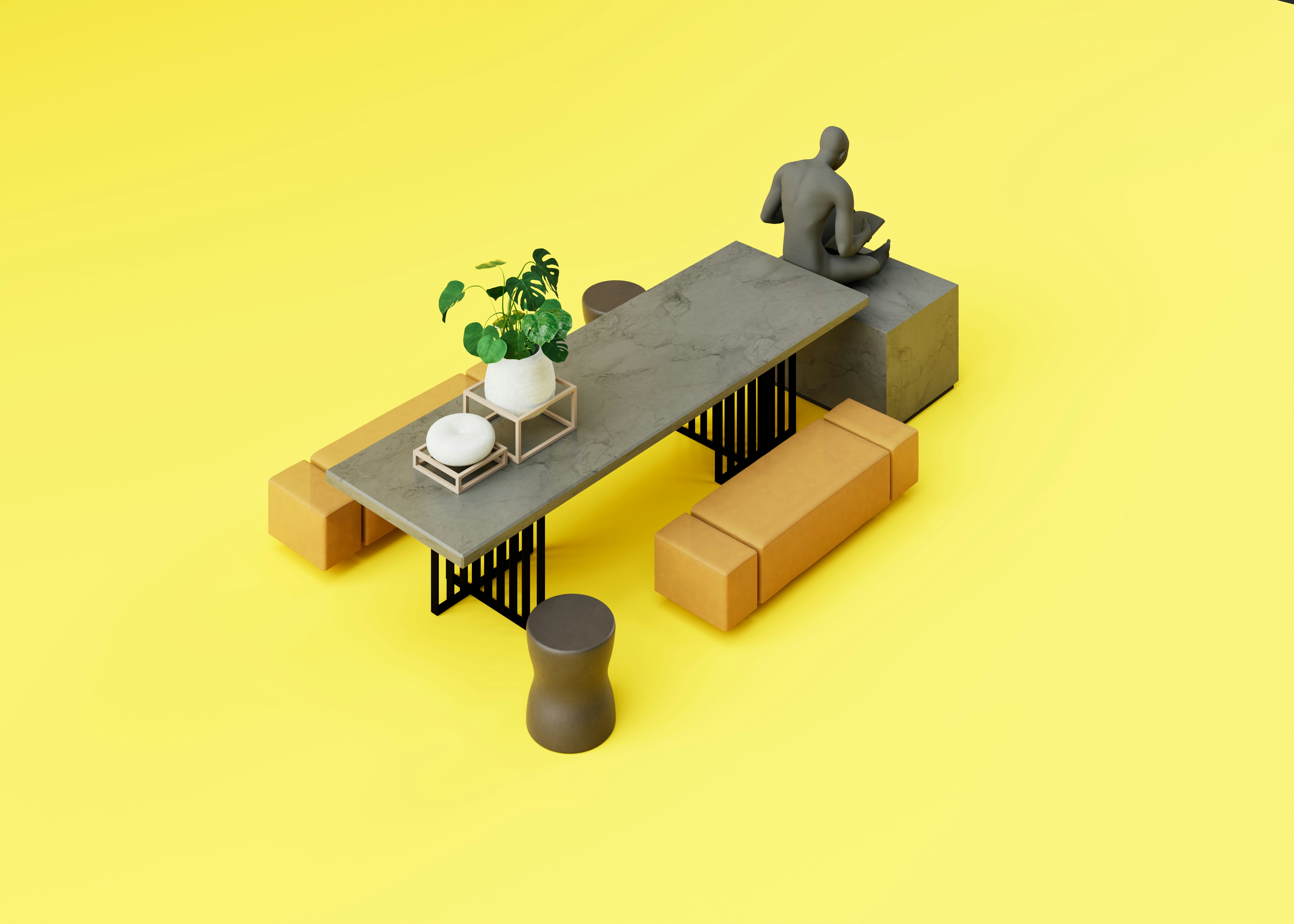 A table with a plant on top of it