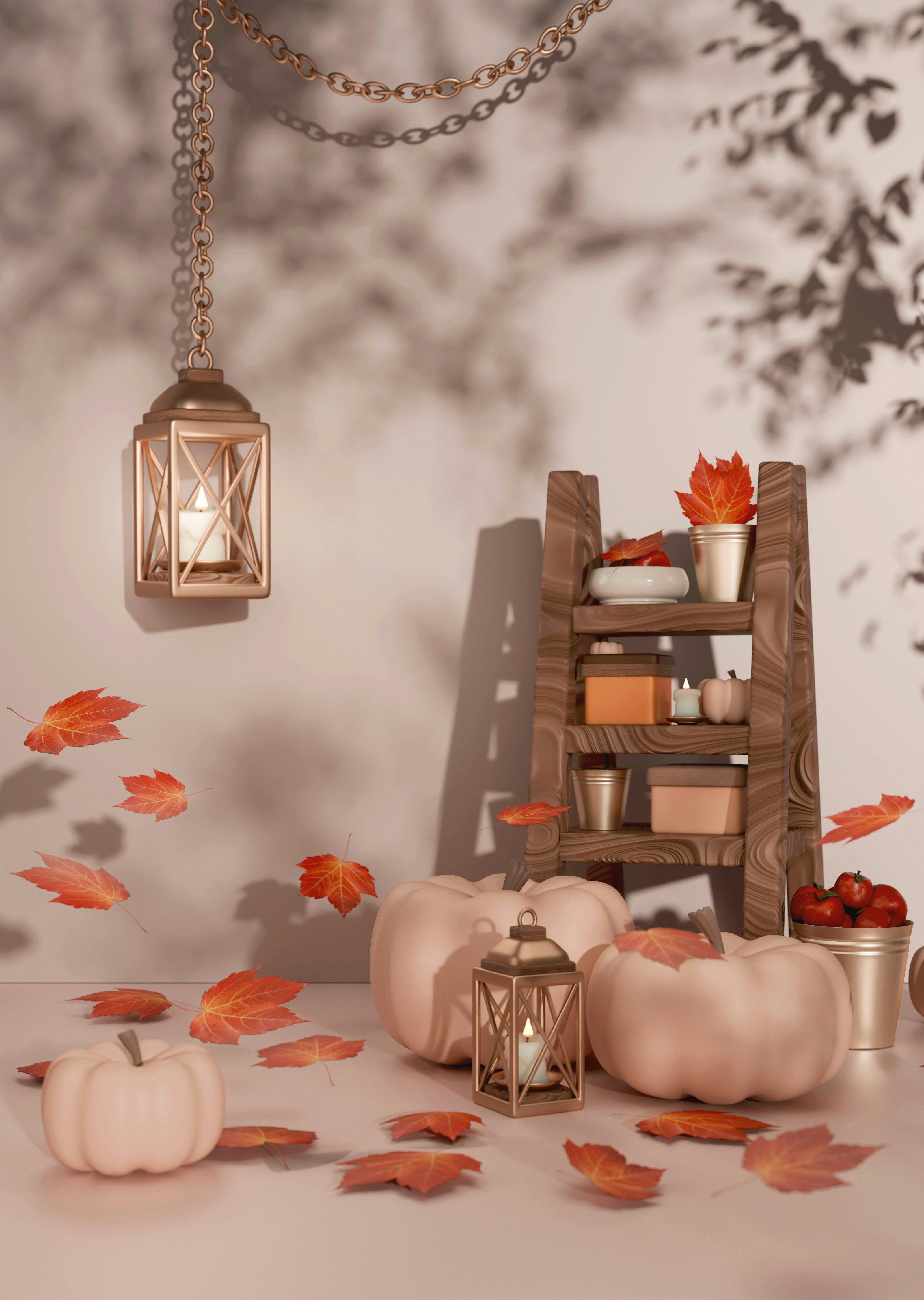 Ein Tisch mit vielen Kürbissen und Kerzen