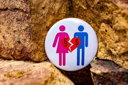 A button with a picture of a man and a woman holding a heart