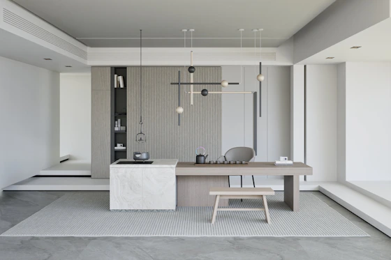 A room with a table and a bench in it