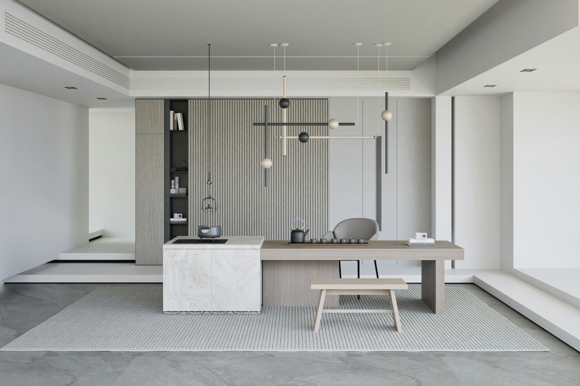 A room with a table and a bench in it