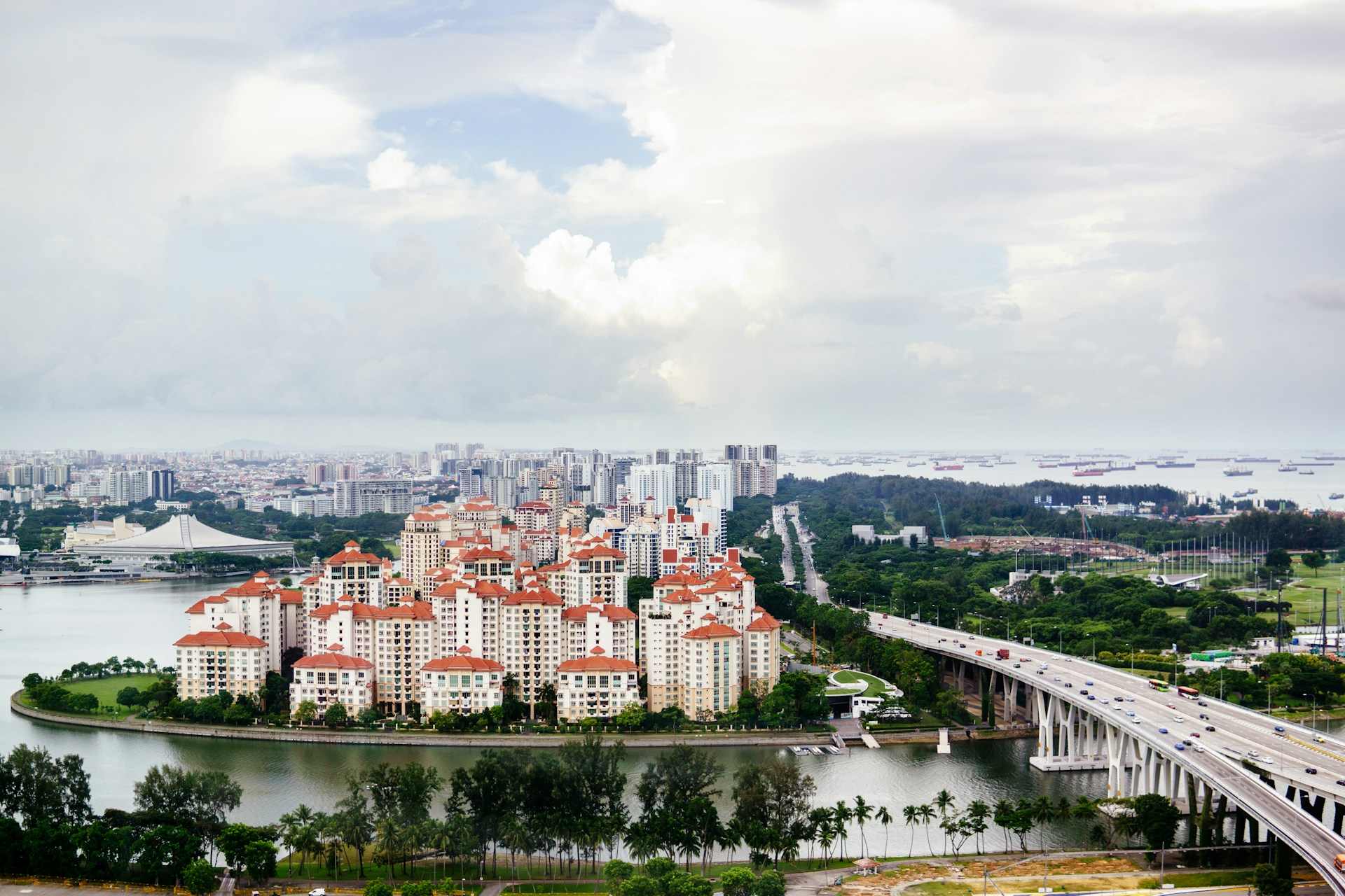 An aerial view of a city and a bridge
