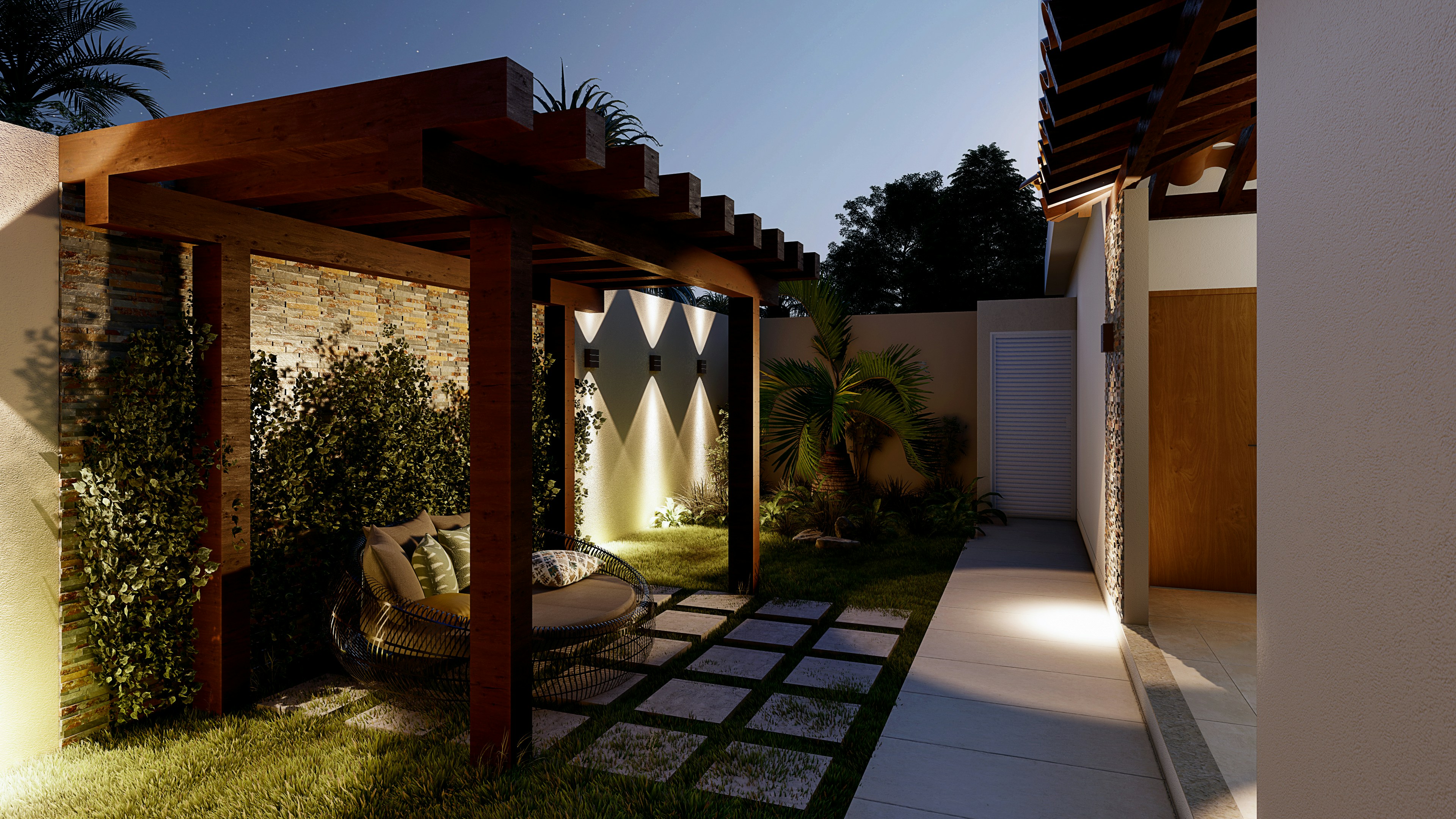 well-designed patio integrated with a garden and lighting - patio landscaping near me