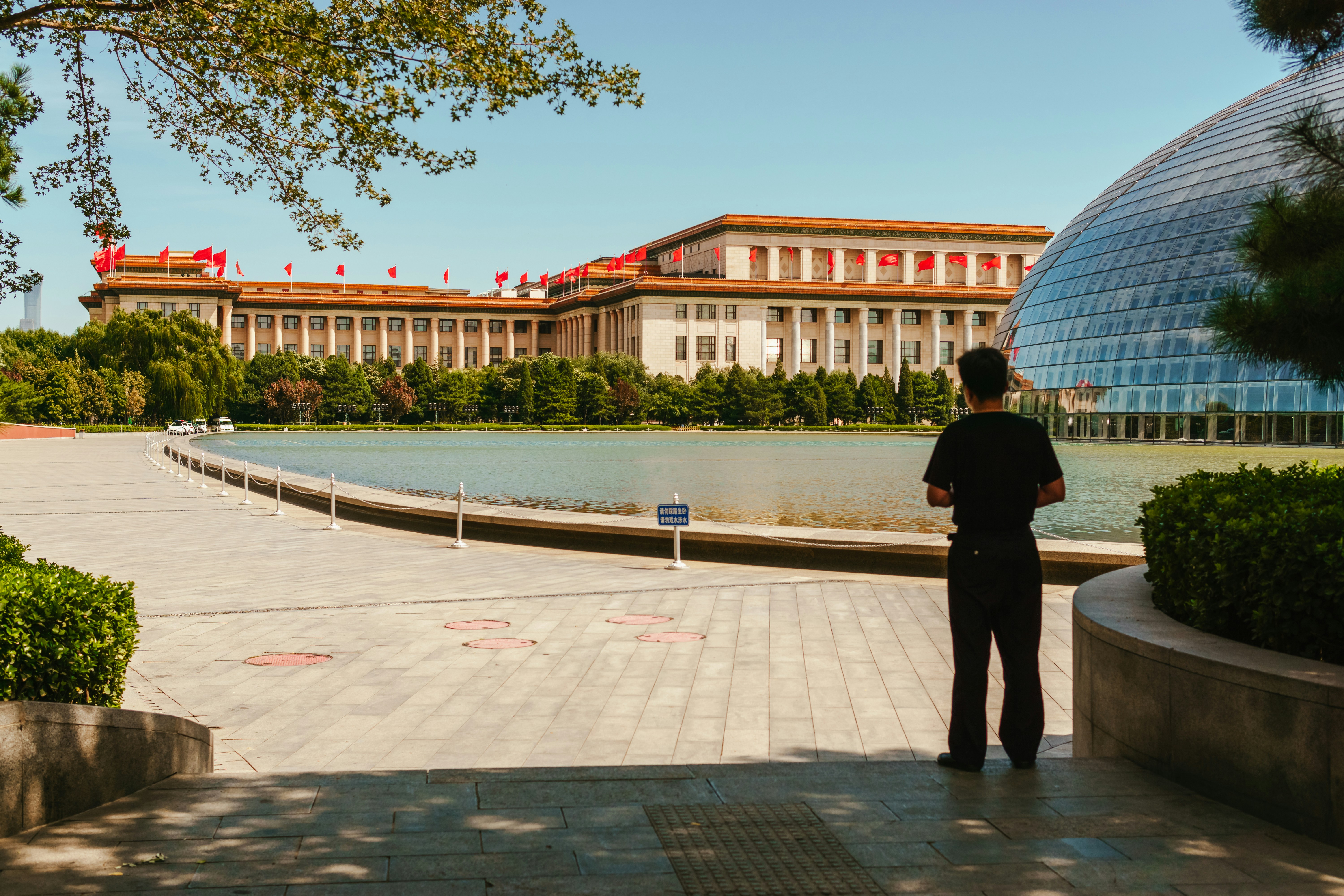 A man standing in front of a large building