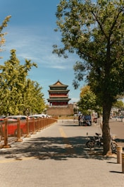 A view of a street with a pagoda in the background