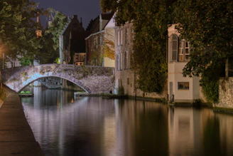 A bridge over a body of water at night