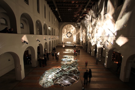 A large building with a lot of people inside of it