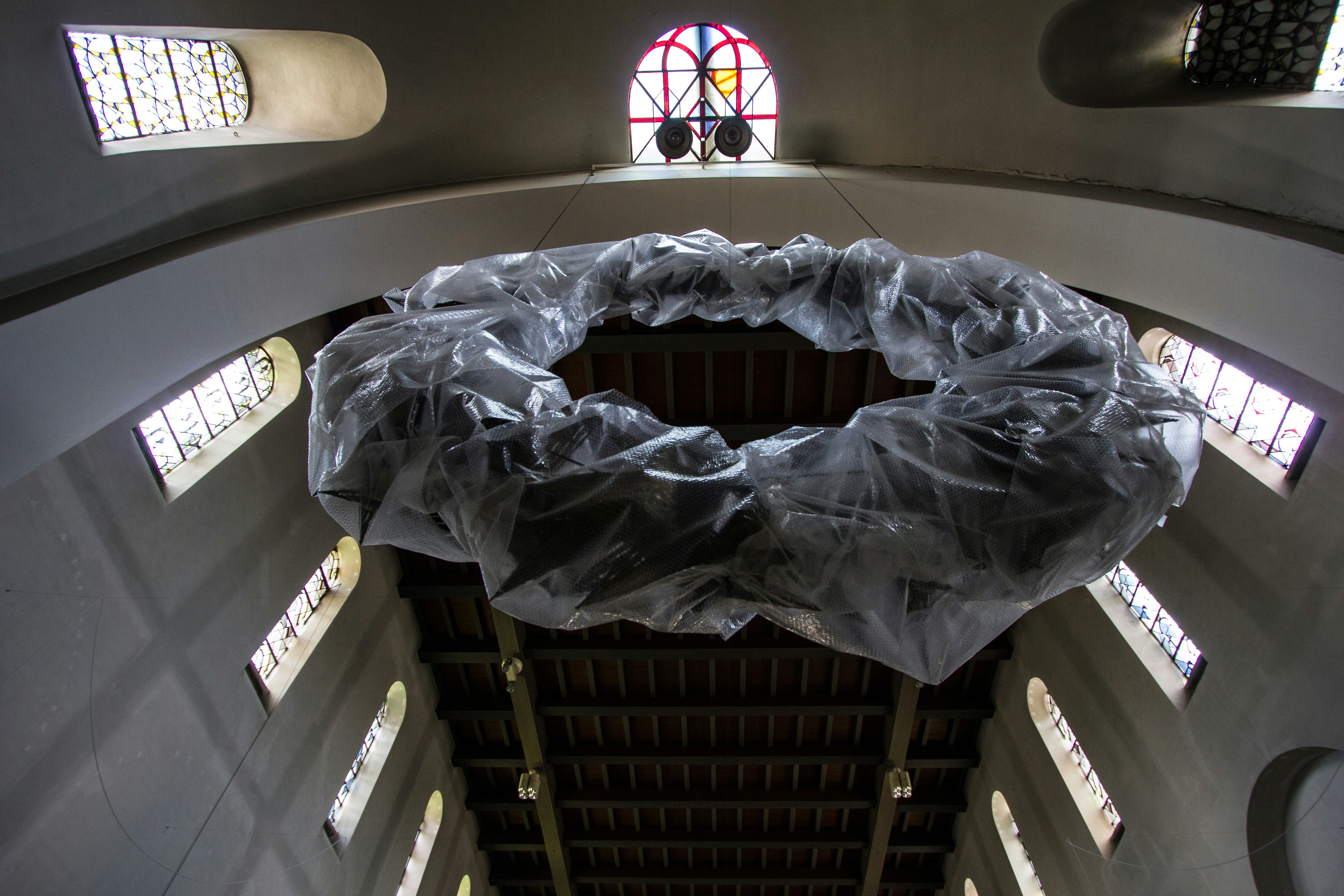 A view of the ceiling of a church looking up