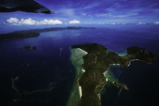 An aerial view of an island in the ocean
