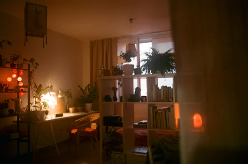 Dimly lit desk and shelves