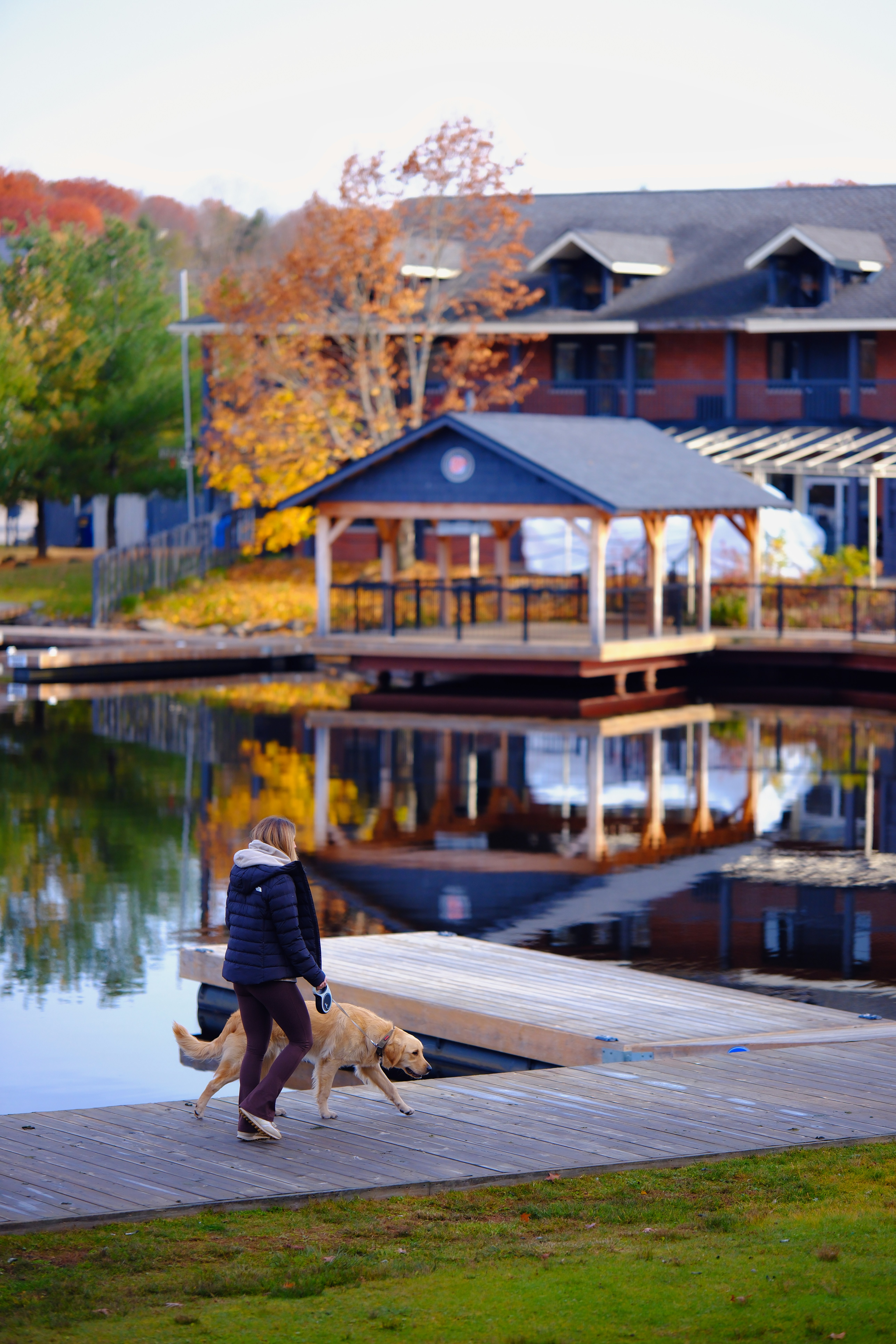A person walking a dog near a body of water