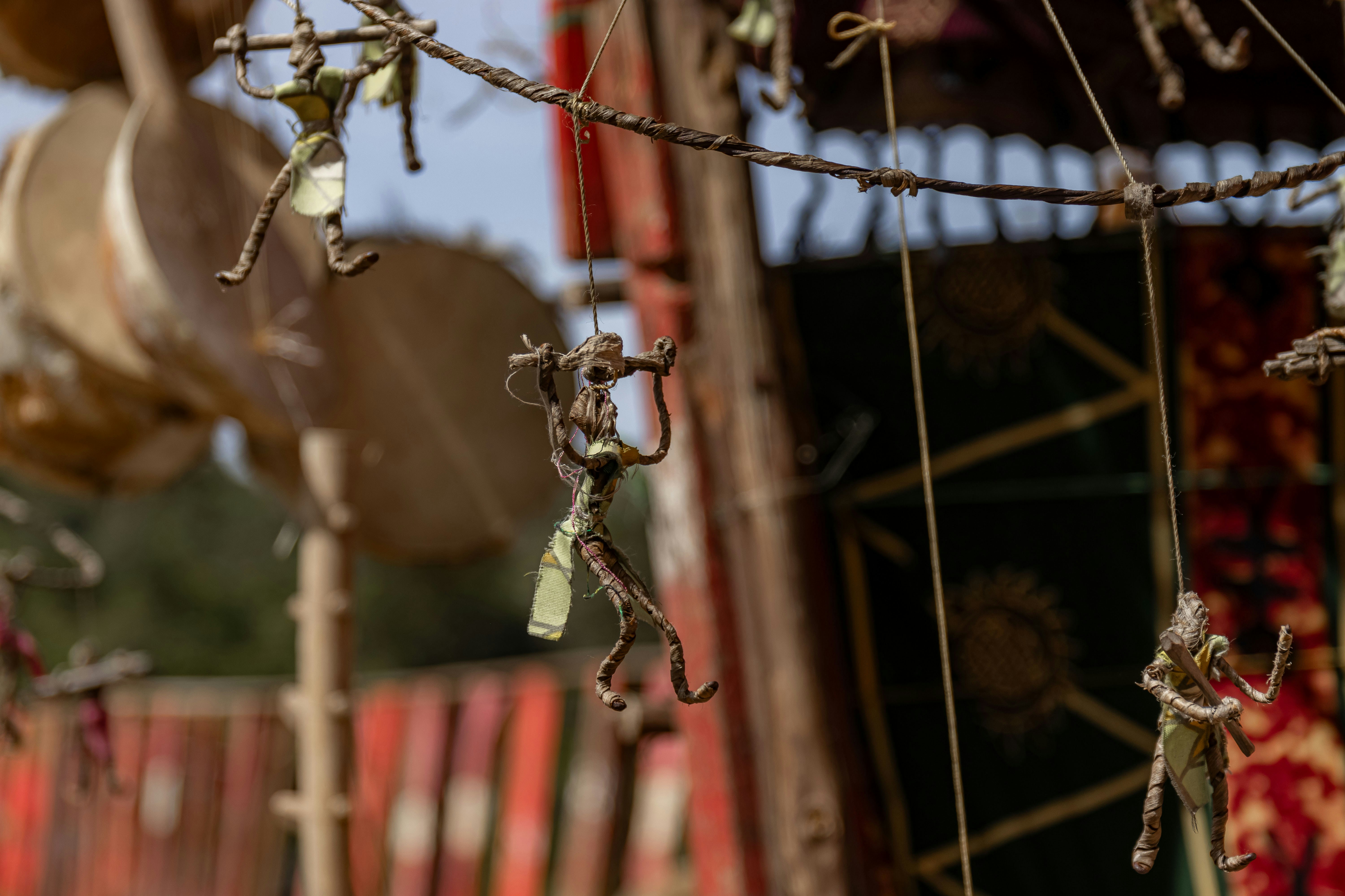 A close up of a bunch of items hanging from a wire