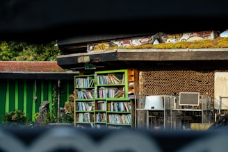 A building with a green roof and a book shelf