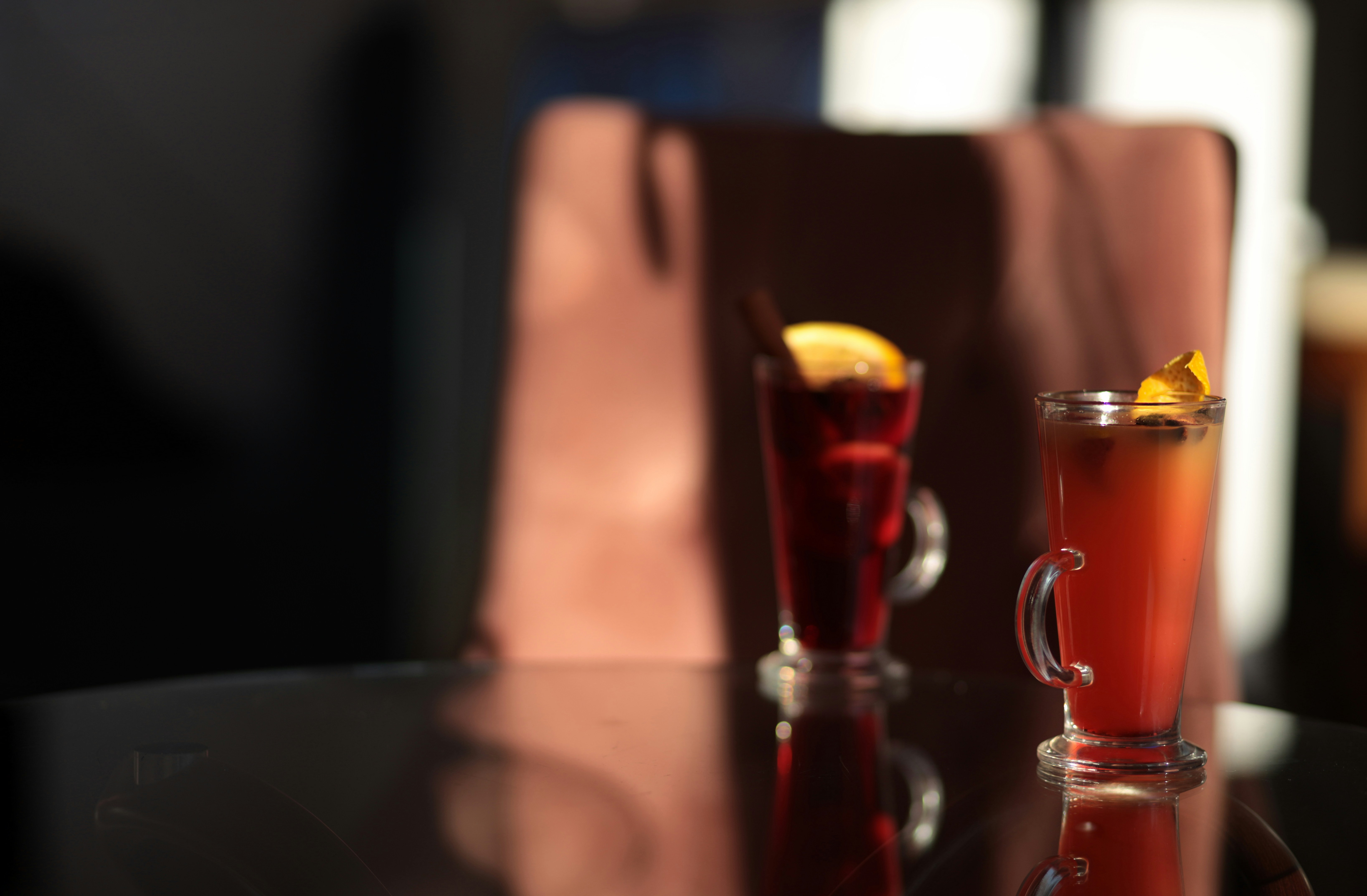 A couple of glasses sitting on top of a table