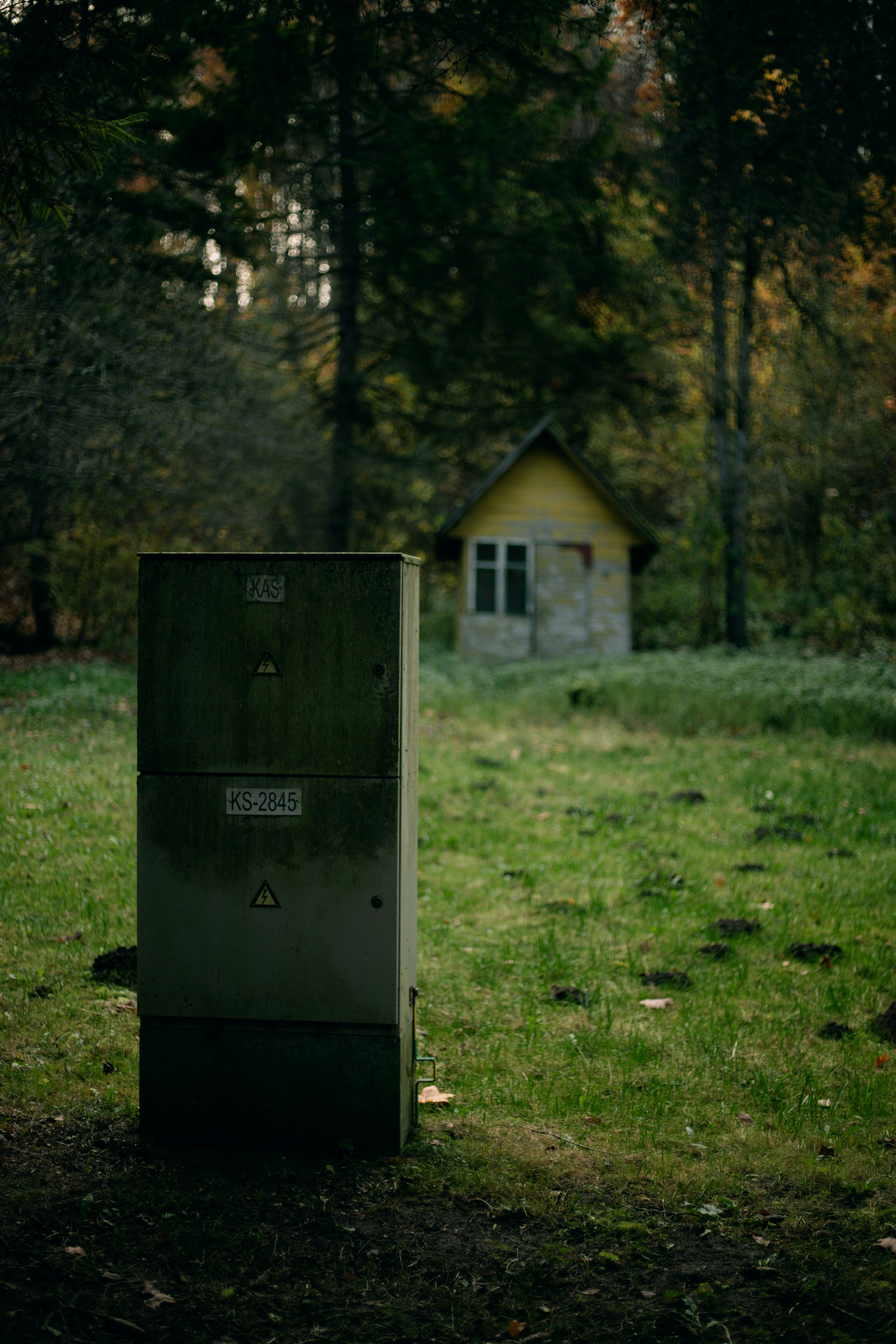 Una scatola di metallo seduta in mezzo a un campo