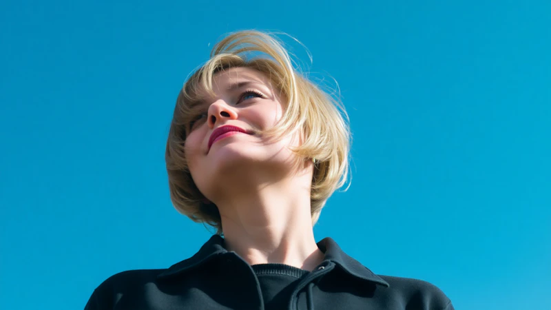 mujer mirando hacia el cielo azul