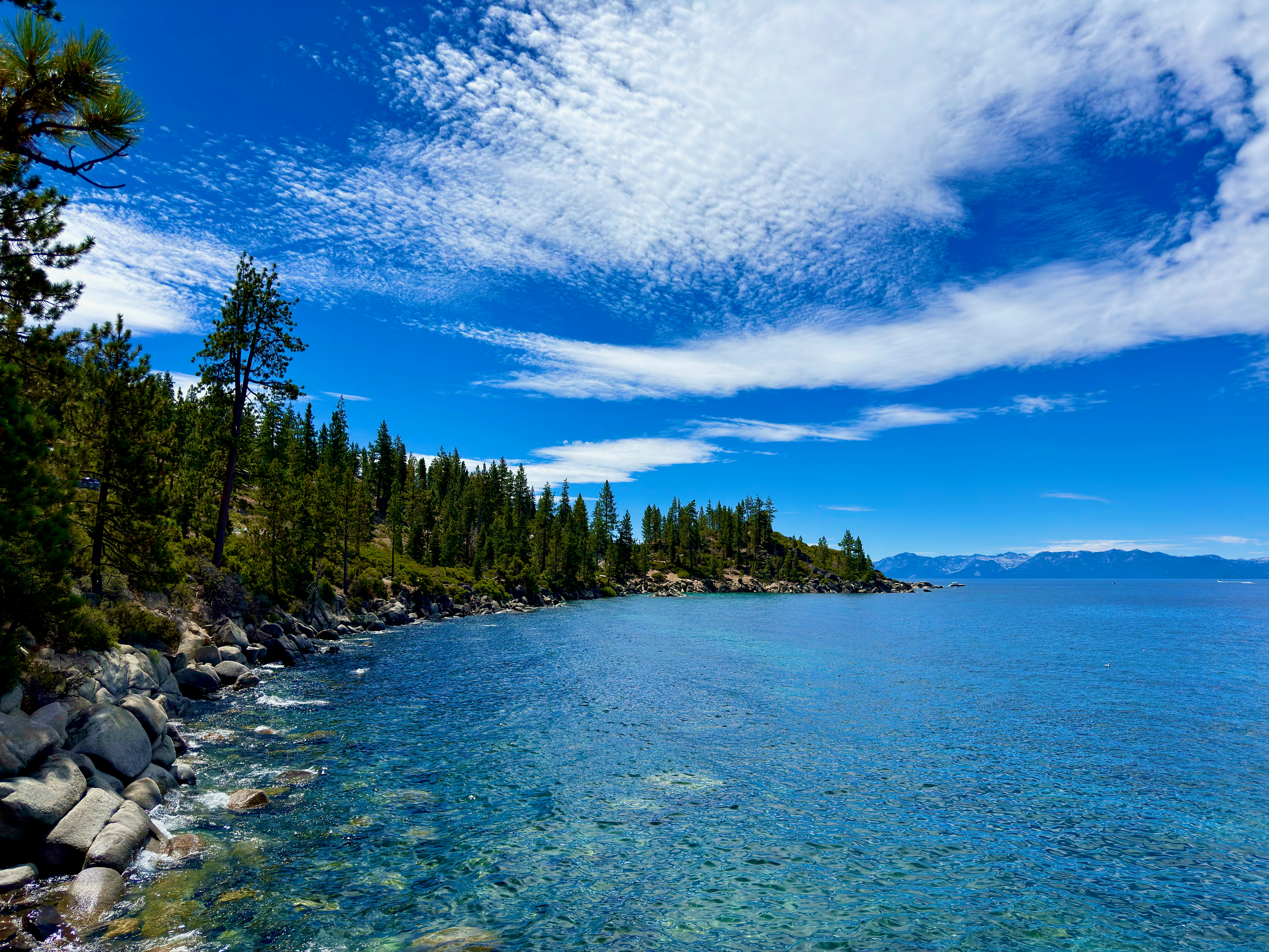 A lake surrounded by trees and rocks under a blue sky