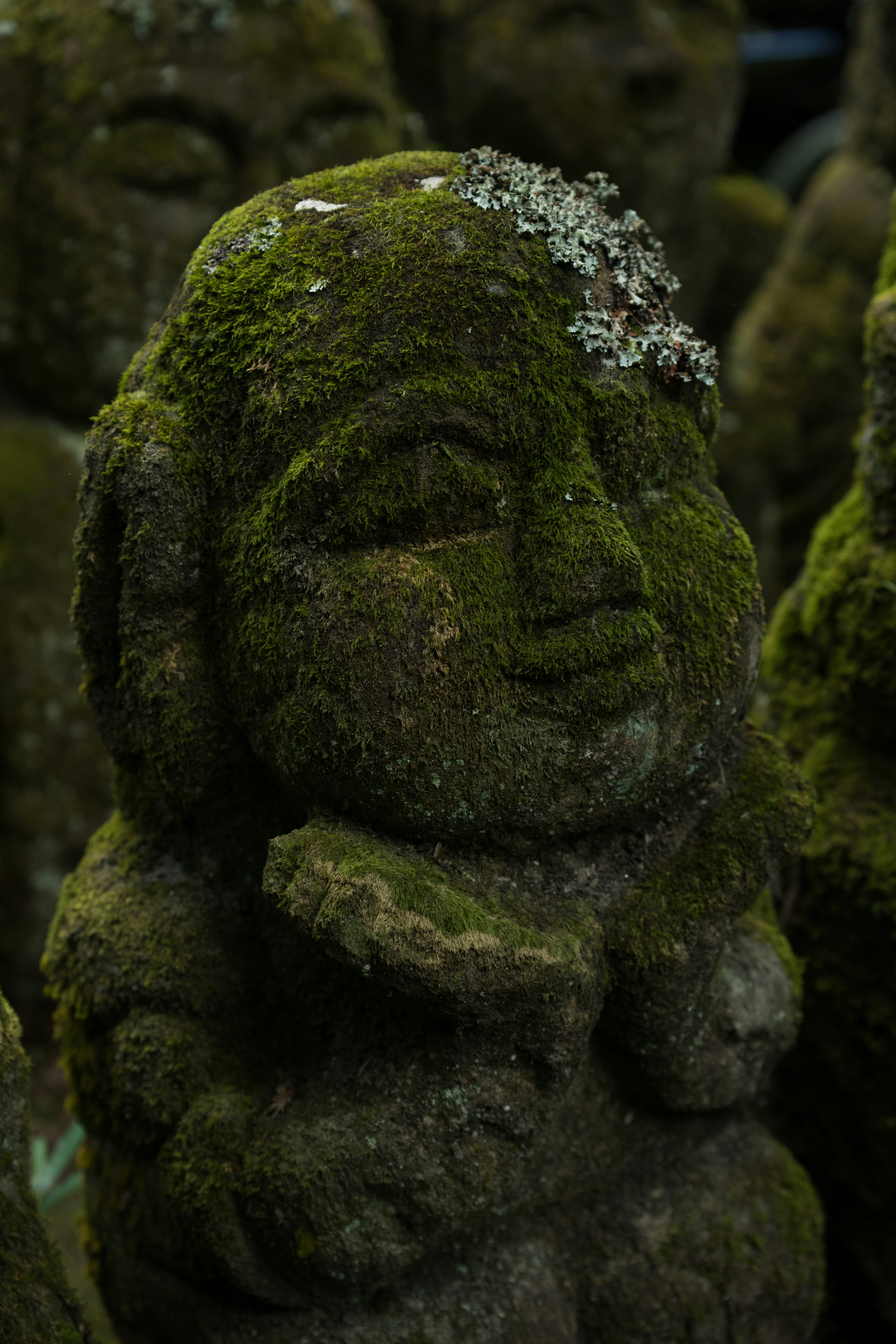 A group of moss covered statues sitting next to each other