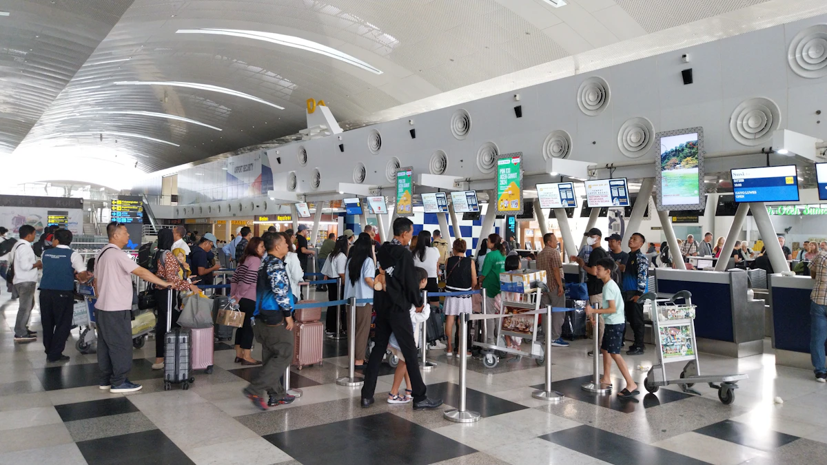 Traveler checking luggage at an airport counter