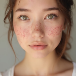 A young woman with freckles on her face
