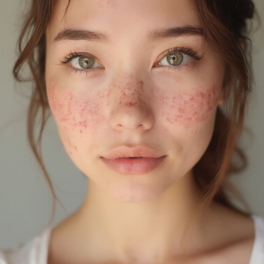 A woman with visible redness and pigmentation across her cheeks