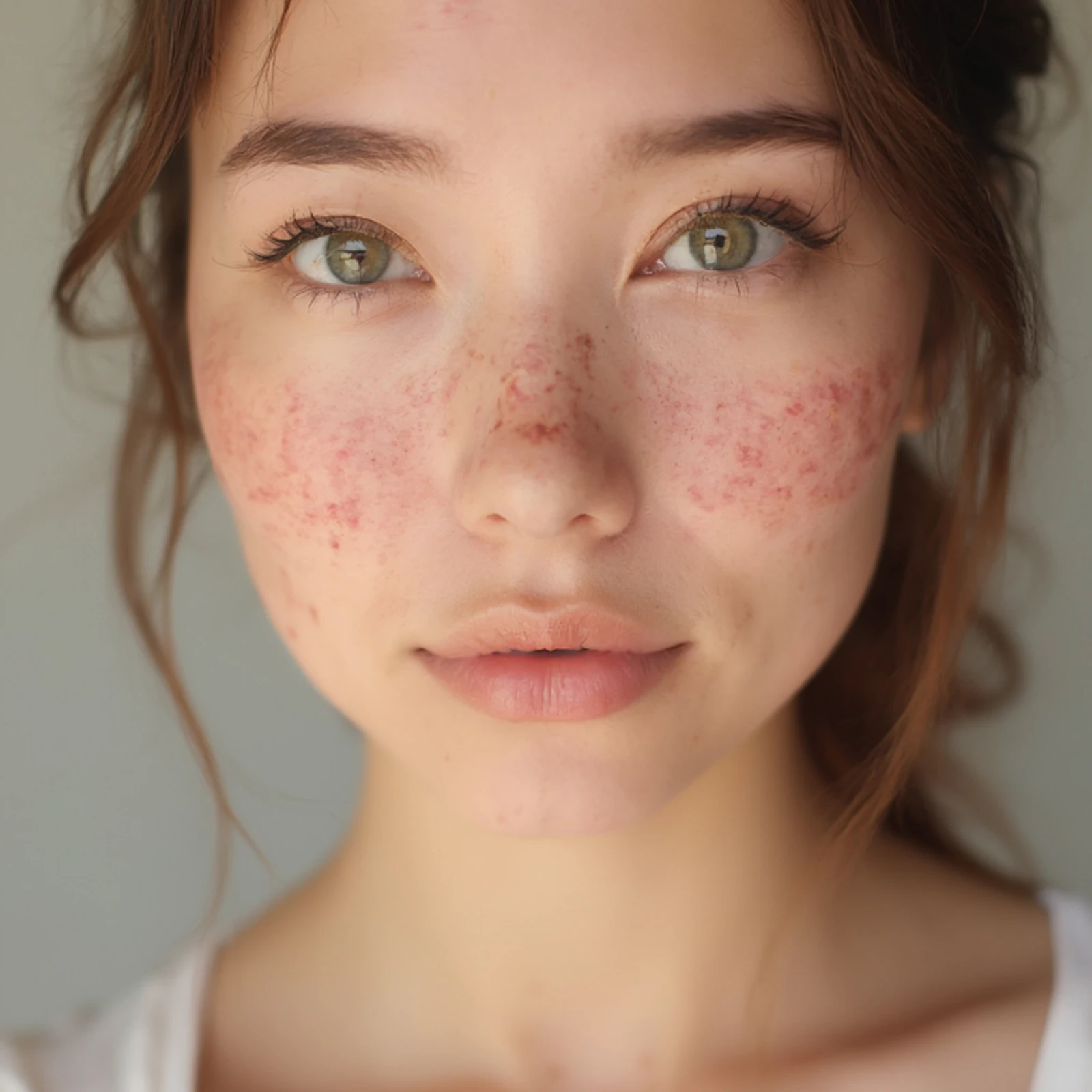 Editorial close-up of a young adult with light freckles and natural skin texture in warm, diffuse daylight
