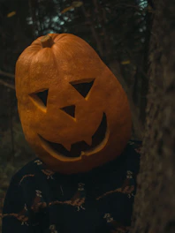 A person wearing a pumpkin mask in the woods