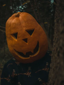 A person wearing a pumpkin mask in the woods
