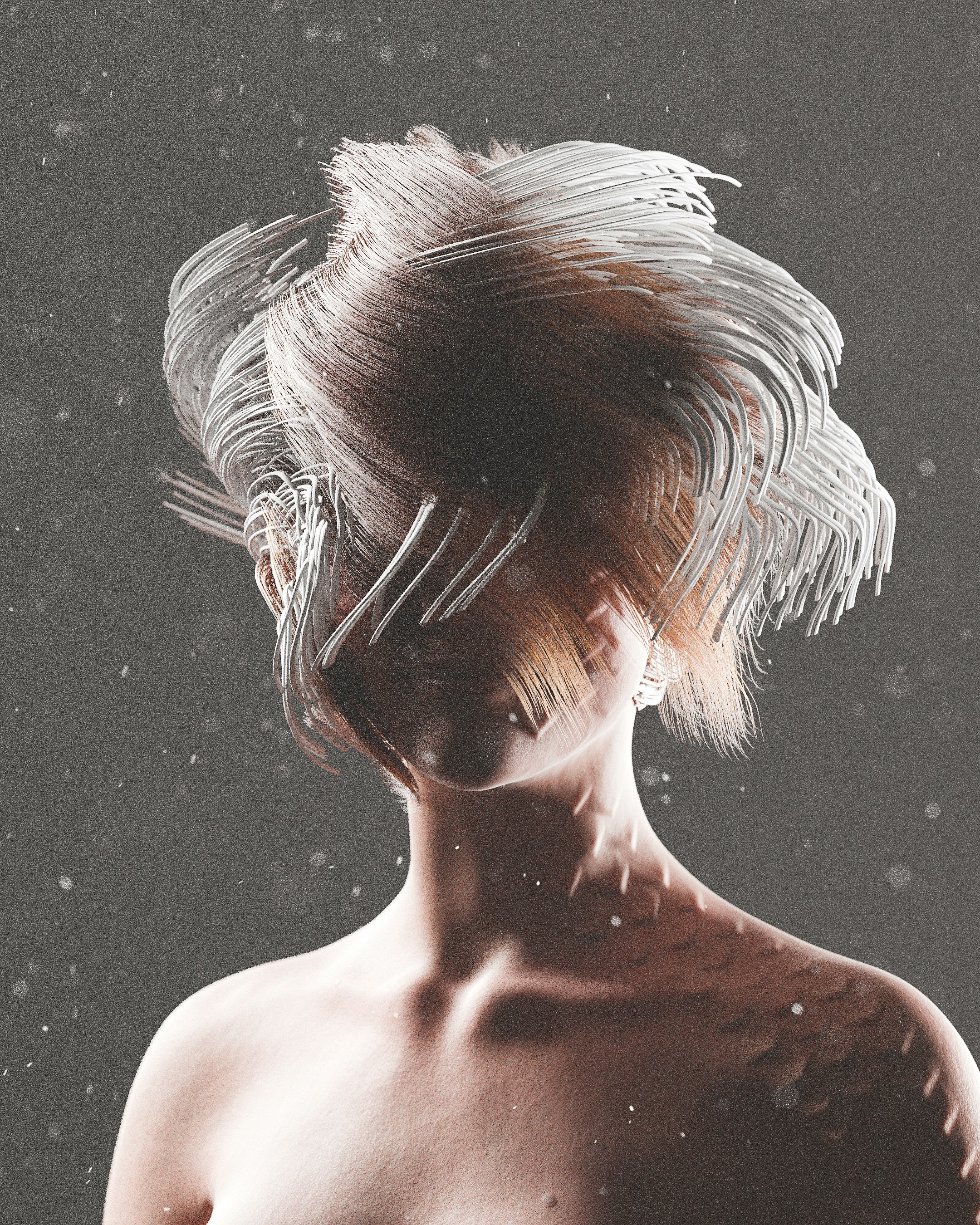 A woman with white hair standing in the snow