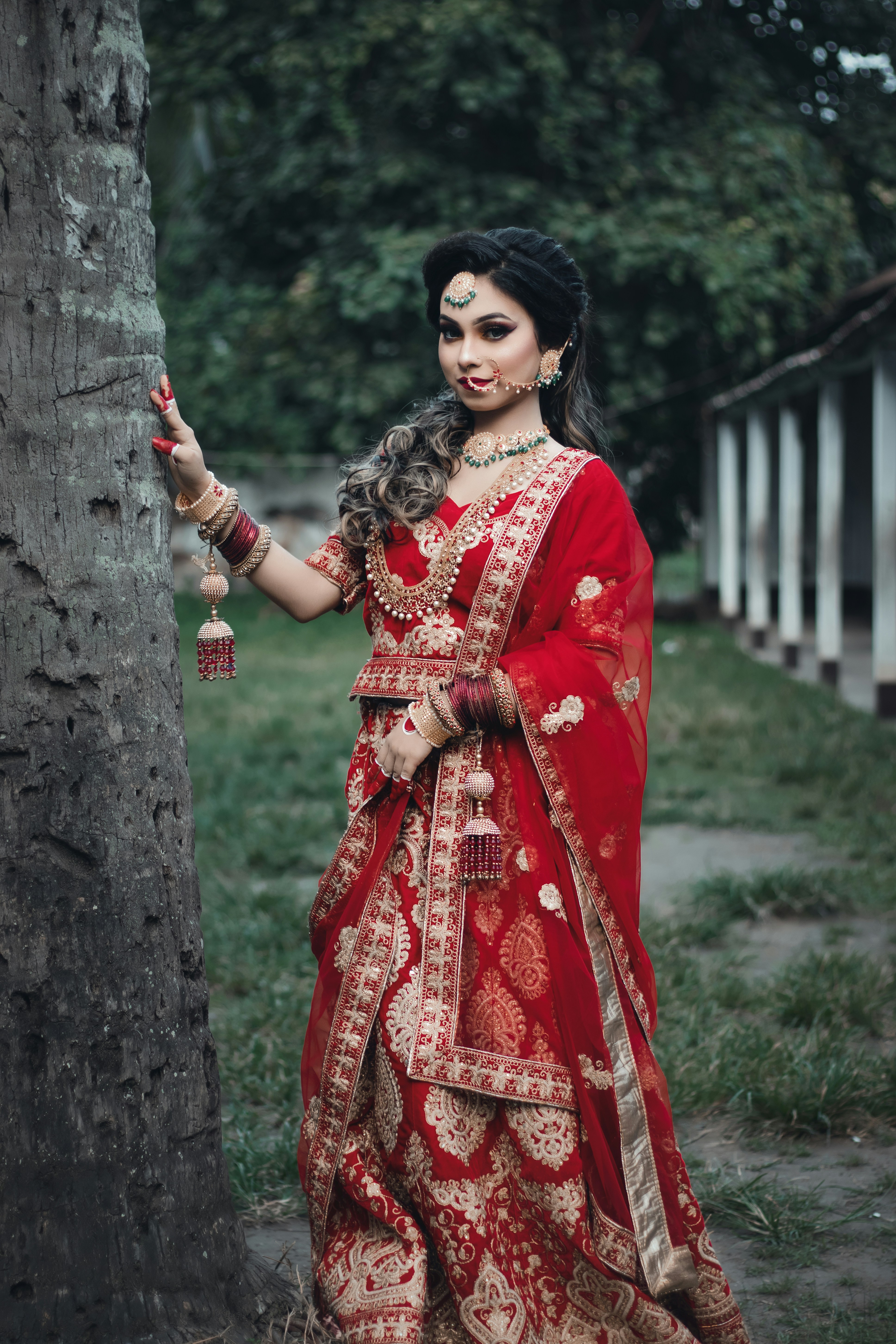 A woman in a red and gold sari standing next to a tree photo – Free ...